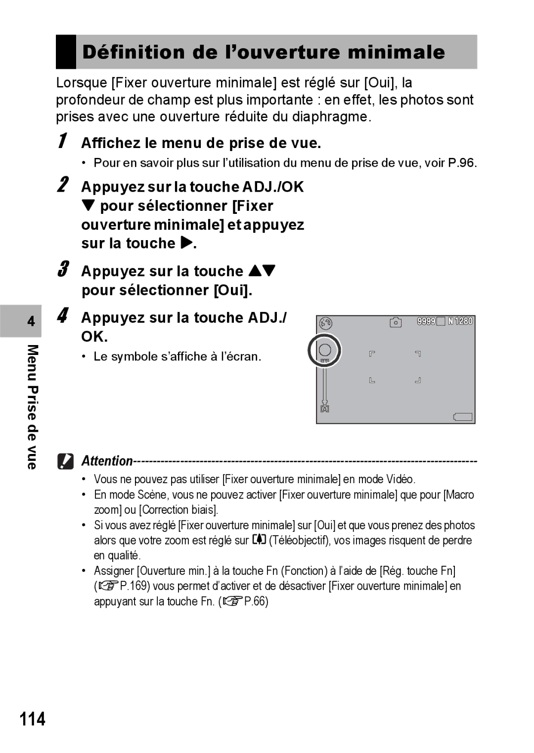 Ricoh CX1 manual Définition de l’ouverture minimale, 114 