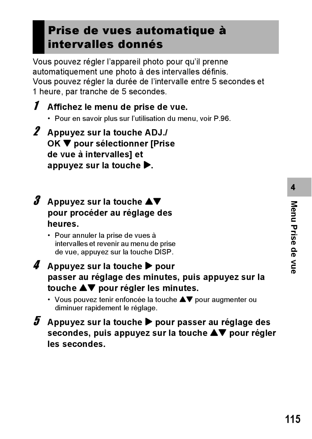 Ricoh CX1 manual Prise de vues automatique à intervalles donnés, 115 