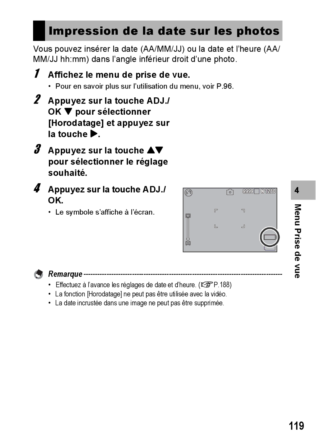 Ricoh CX1 manual Impression de la date sur les photos, 119 