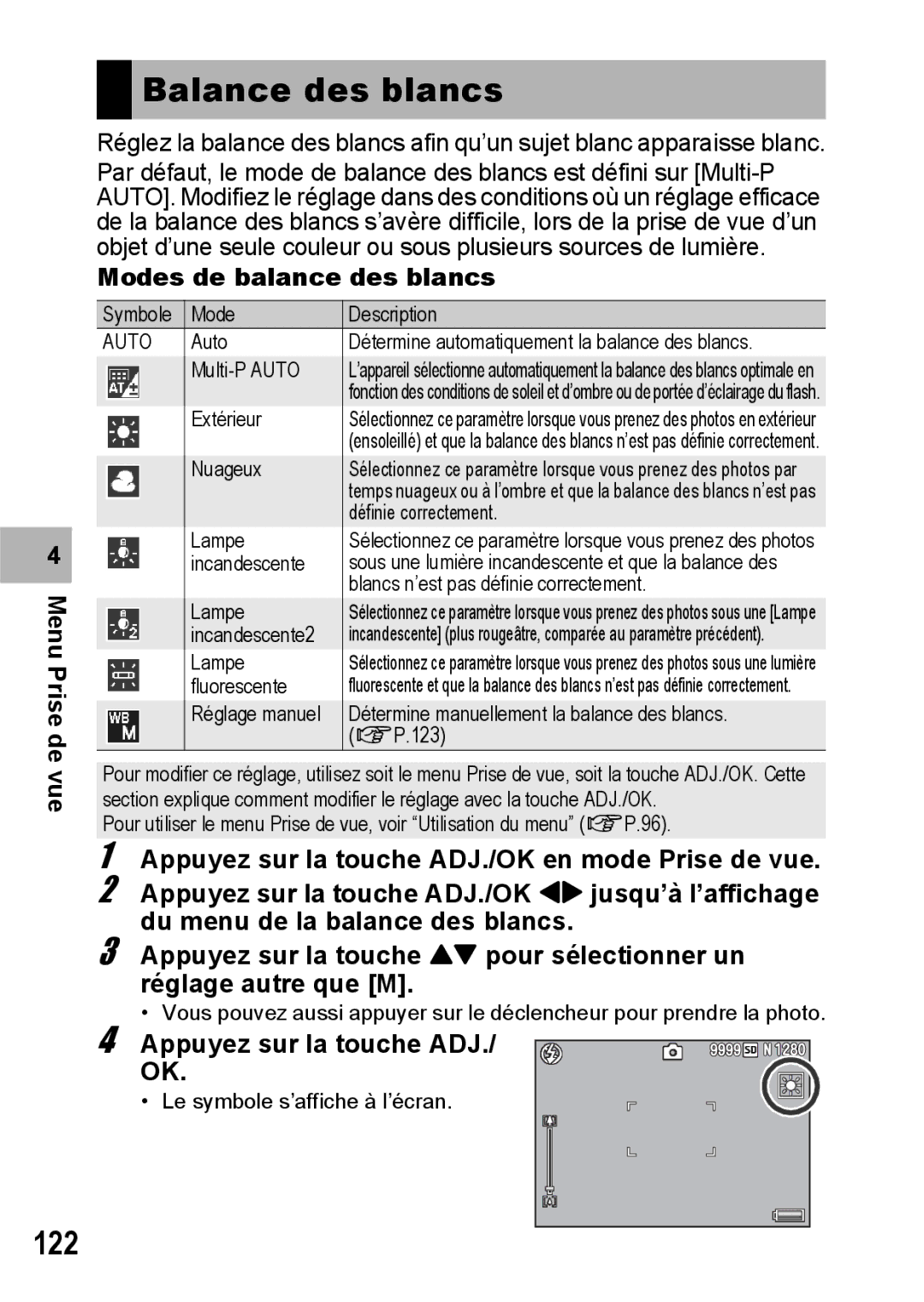 Ricoh CX1 manual Balance des blancs, 122, Modes de balance des blancs 