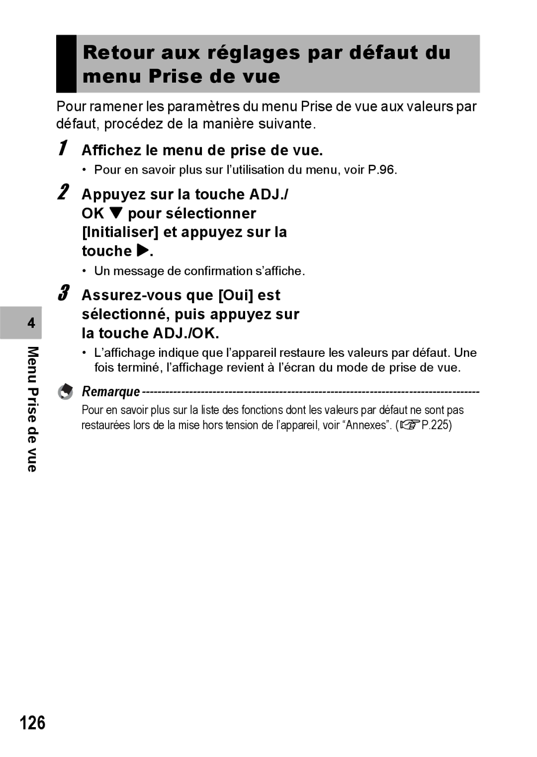 Ricoh CX1 manual Retour aux réglages par défaut du menu Prise de vue, 126 