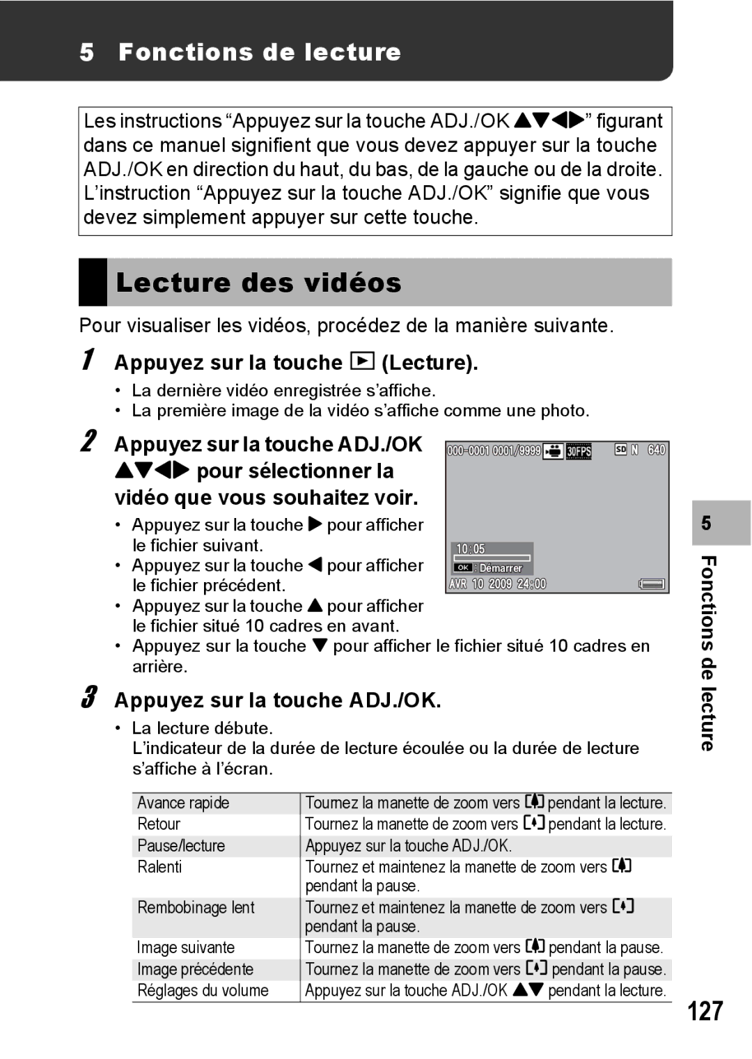 Ricoh CX1 manual Lecture des vidéos, 127, Fonctions de lecture, Appuyez sur la touche 6 Lecture 