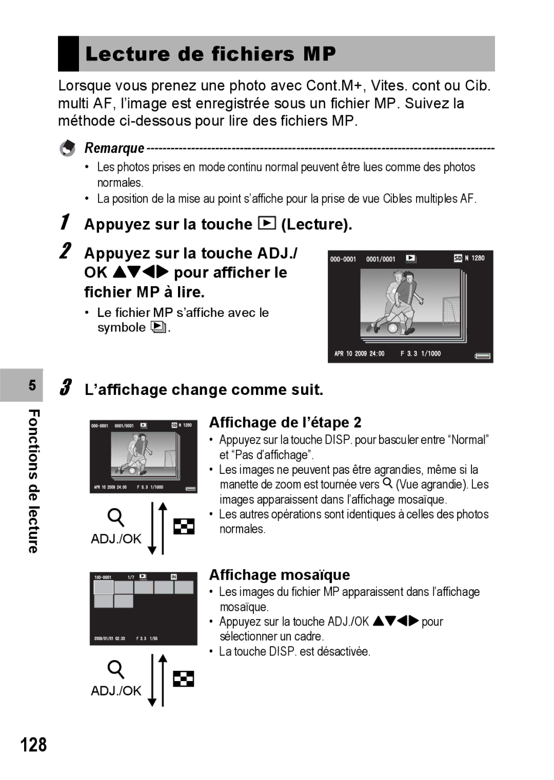 Ricoh CX1 manual Lecture de fichiers MP, 128, ’affichage change comme suit Affichage de l’étape, Affichage mosaïque 