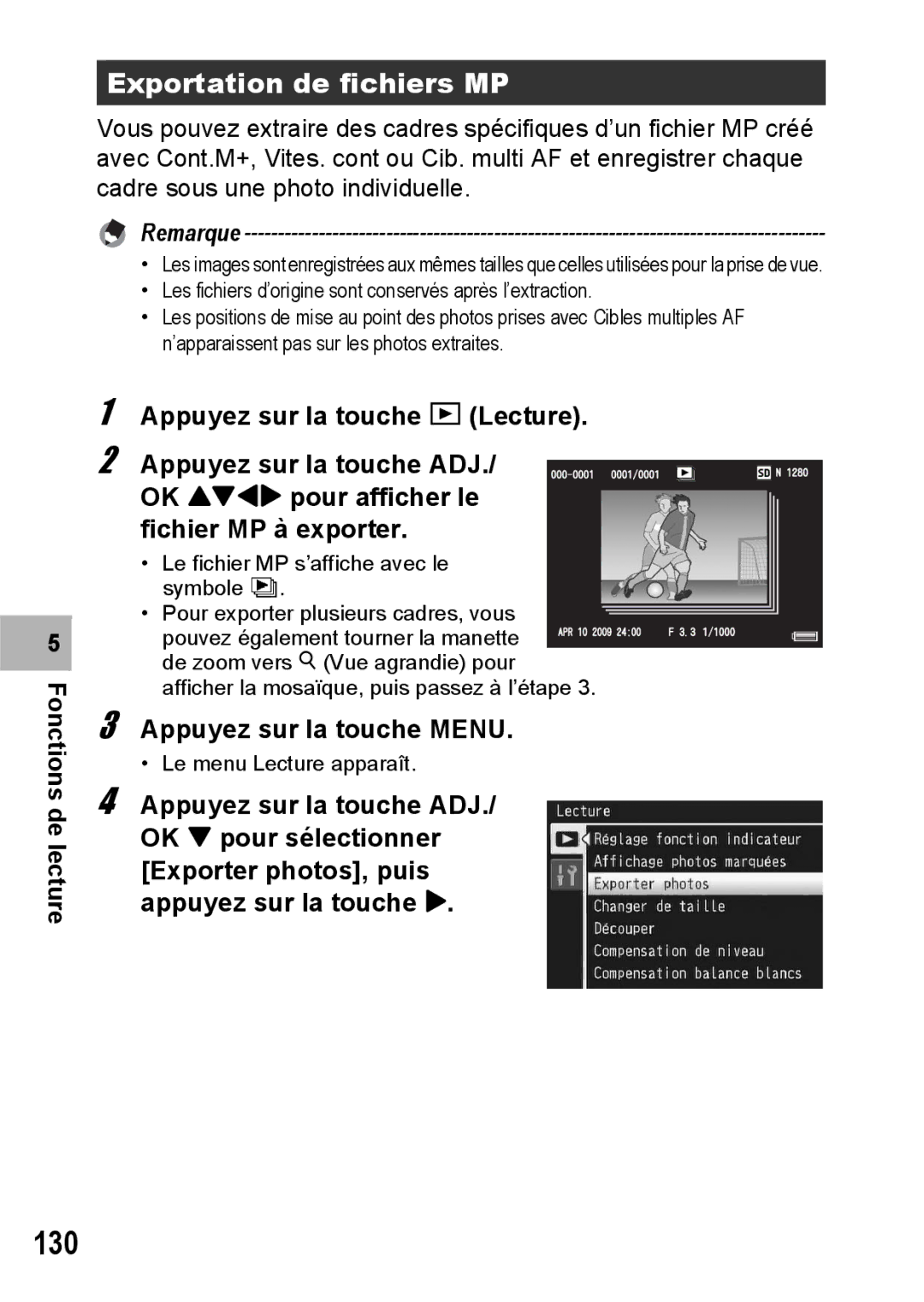 Ricoh CX1 manual 130, Exportation de fichiers MP, Fonctions de lecture 