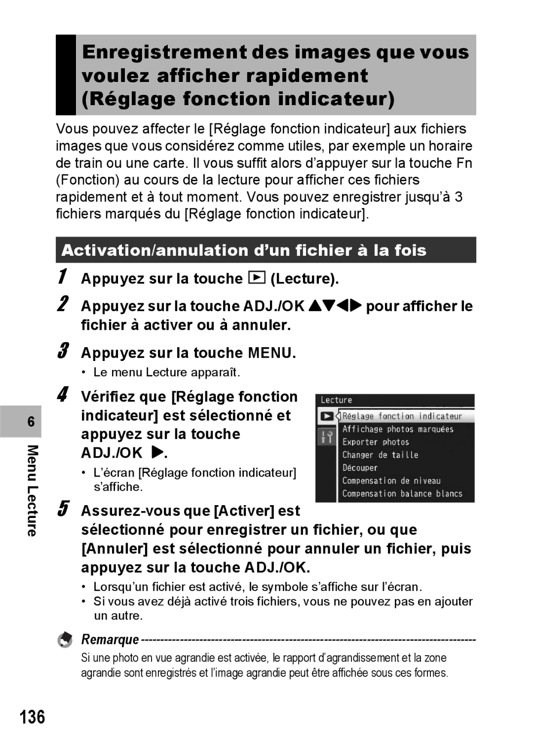 Ricoh CX1 manual 136, Activation/annulation d’un fichier à la fois 