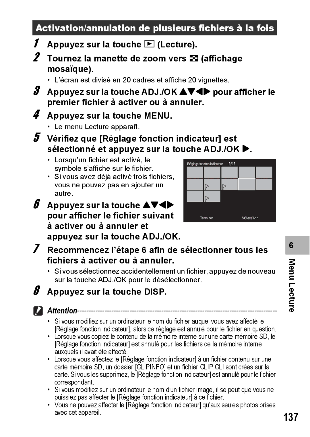 Ricoh CX1 manual 137, Activation/annulation de plusieurs fichiers à la fois 