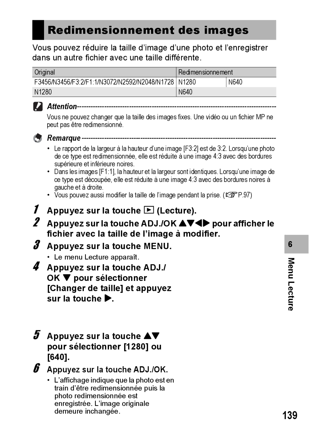 Ricoh CX1 manual Redimensionnement des images, 139 