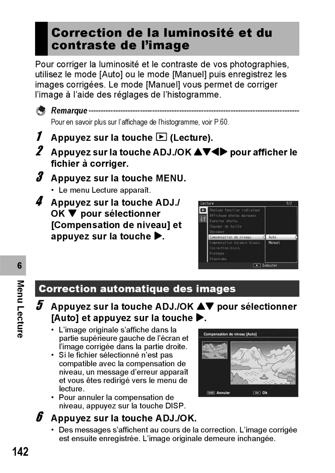 Ricoh CX1 manual Correction de la luminosité et du contraste de l’image, 142, Correction automatique des images 