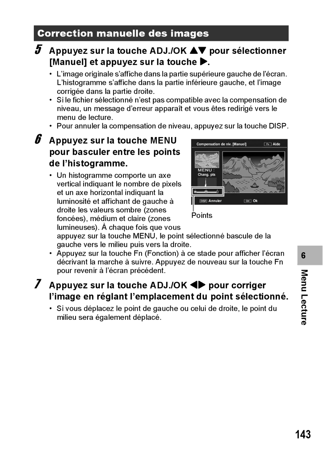 Ricoh CX1 manual 143, Correction manuelle des images, Pour basculer entre les points De l’histogramme 