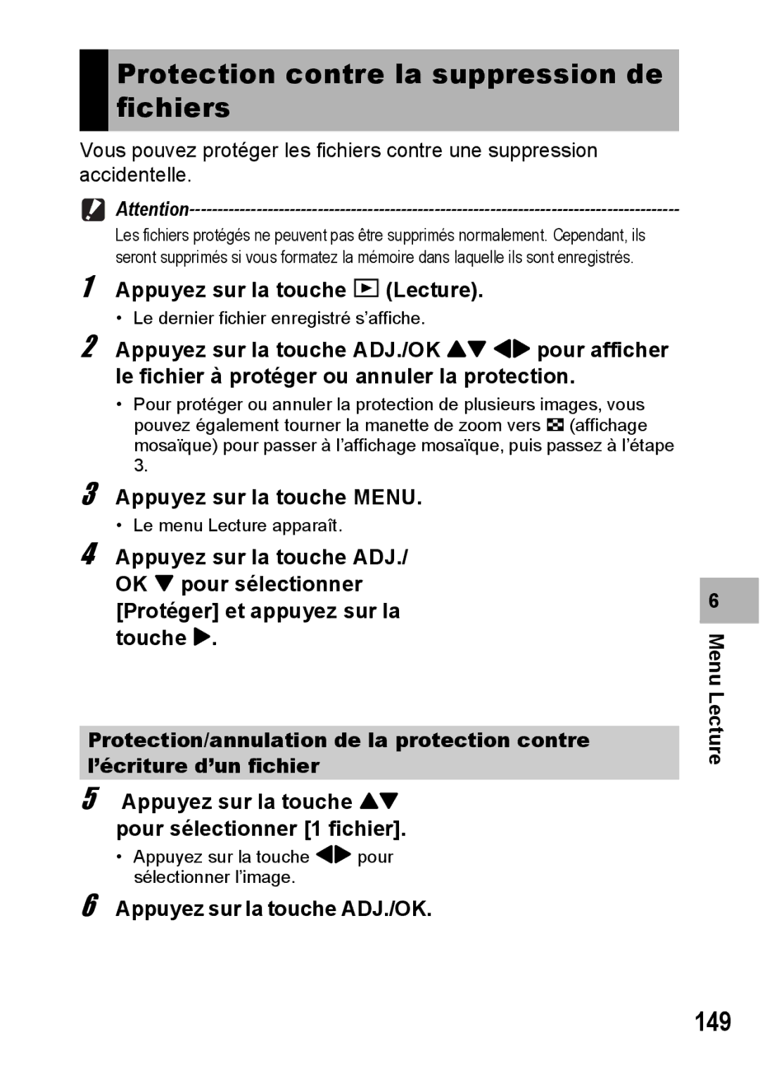 Ricoh CX1 manual Protection contre la suppression de fichiers, 149, Appuyez sur la touche ADJ./OK Menu Lecture 