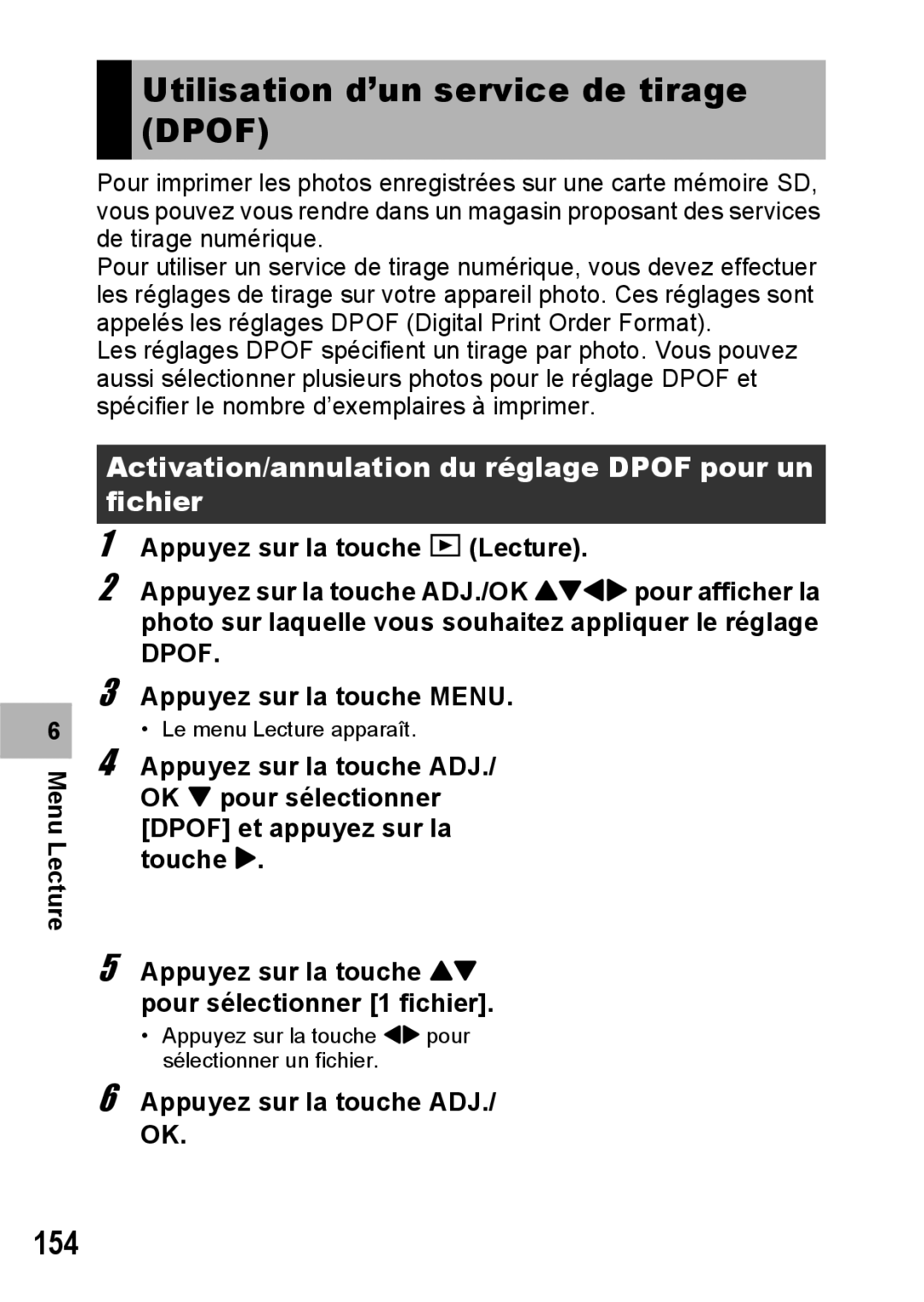 Ricoh CX1 manual Utilisation d’un service de tirage Dpof, 154, Activation/annulation du réglage Dpof pour un fichier 