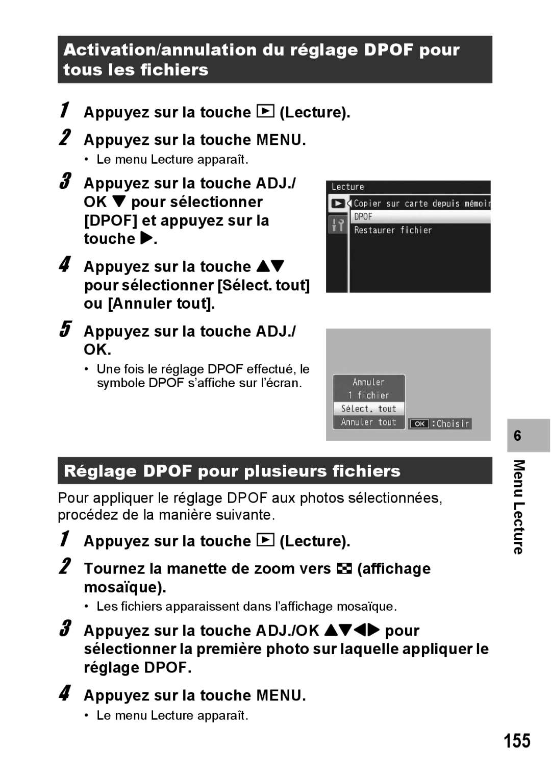 Ricoh CX1 manual 155, Réglage Dpof pour plusieurs fichiers, Appuyez sur la touche 6 Lecture Appuyez sur la touche Menu 