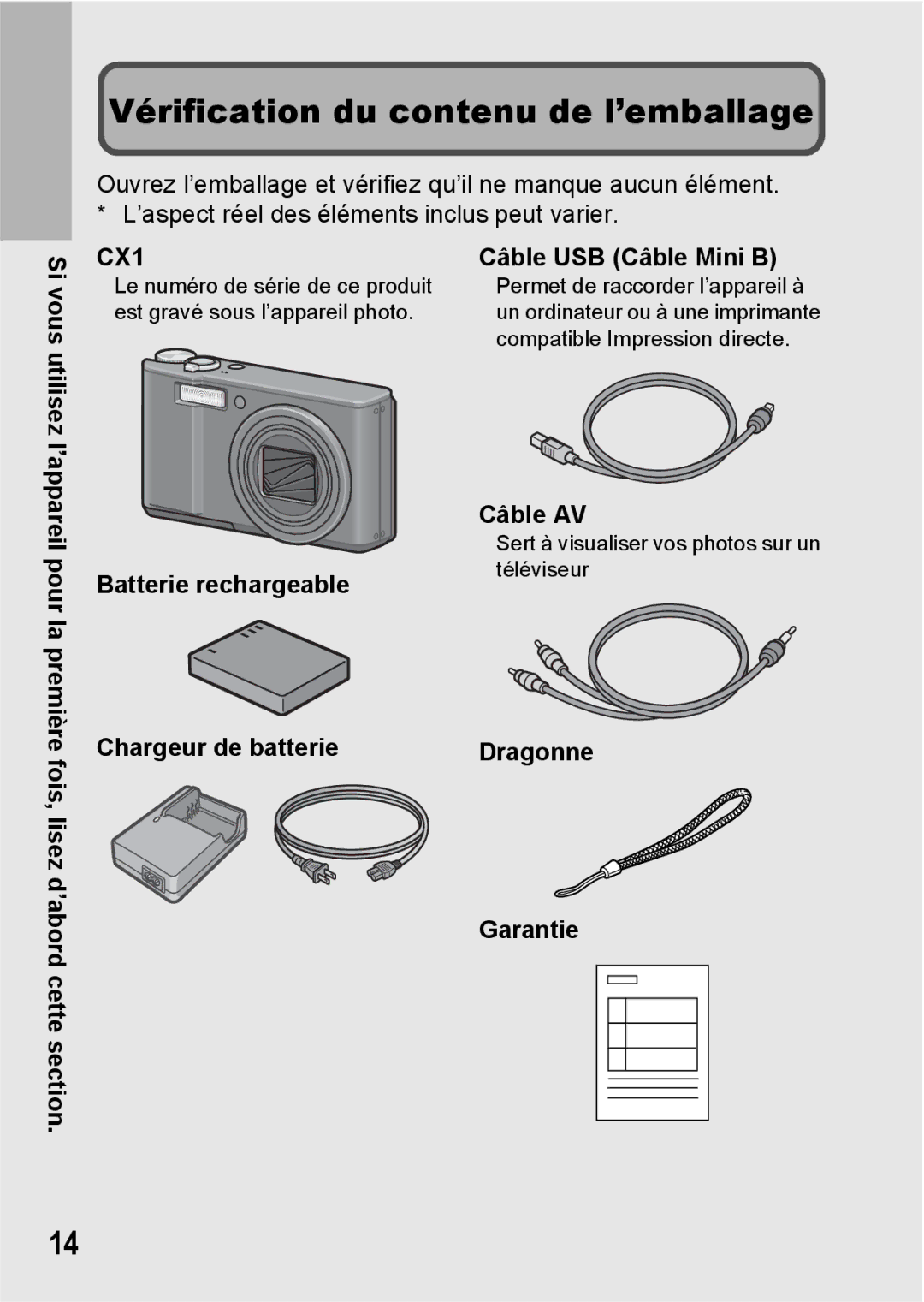 Ricoh CX1 manual Vérification du contenu de l’emballage 