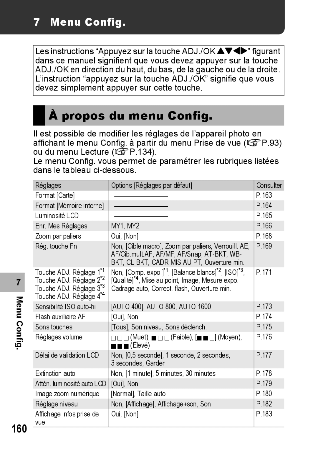 Ricoh CX1 manual Propos du menu Config, Menu Config 