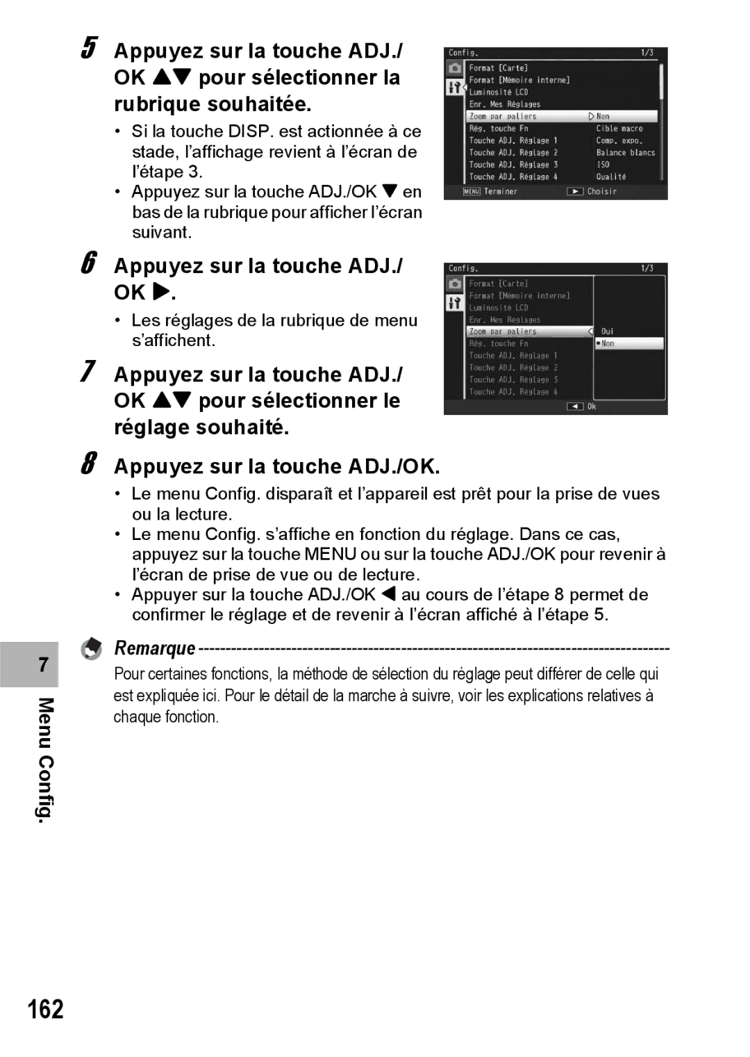 Ricoh CX1 manual 162, Appuyez sur la touche ADJ./ OK $ 