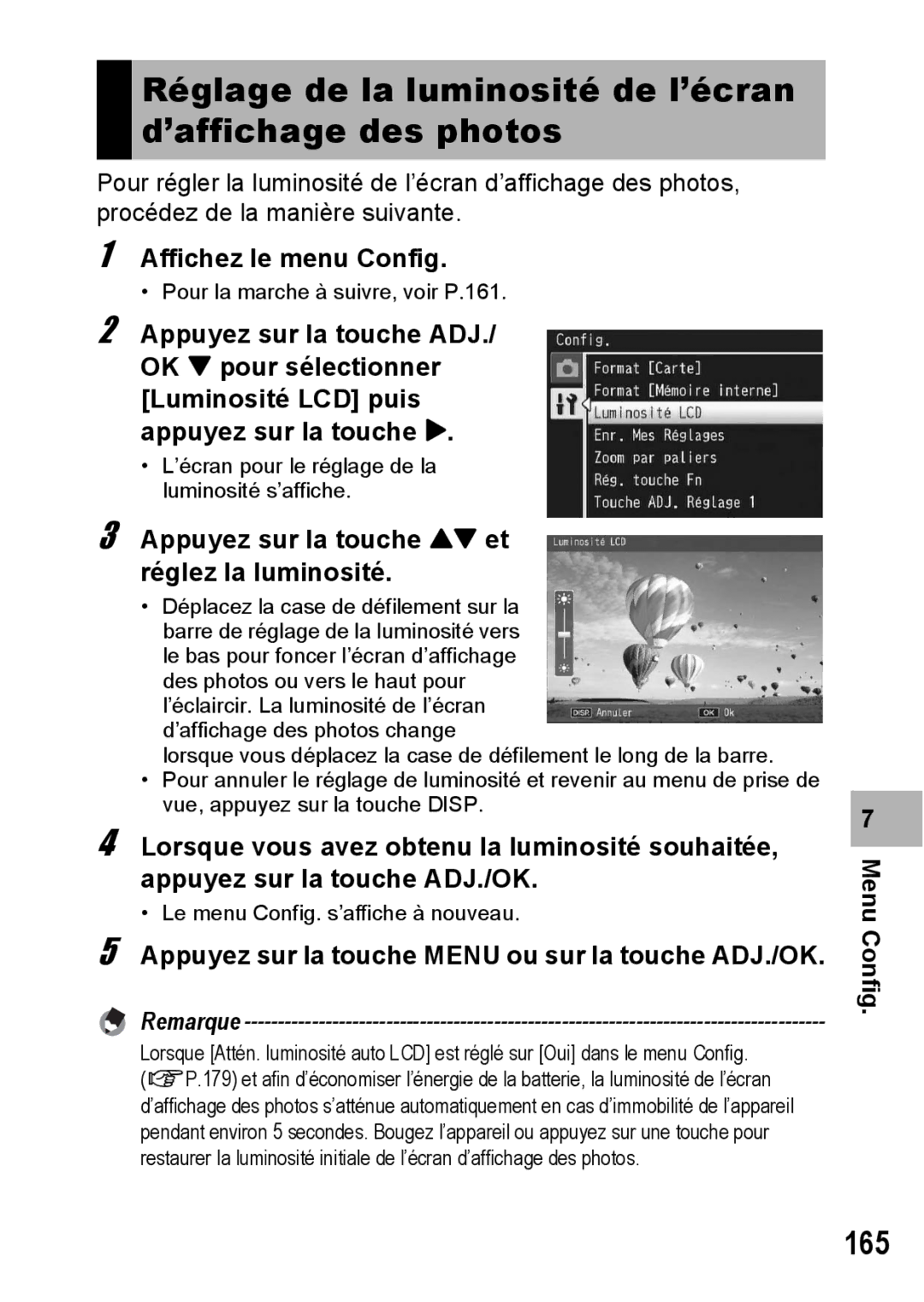 Ricoh CX1 manual Réglage de la luminosité de l’écran d’affichage des photos, 165, Affichez le menu Config 