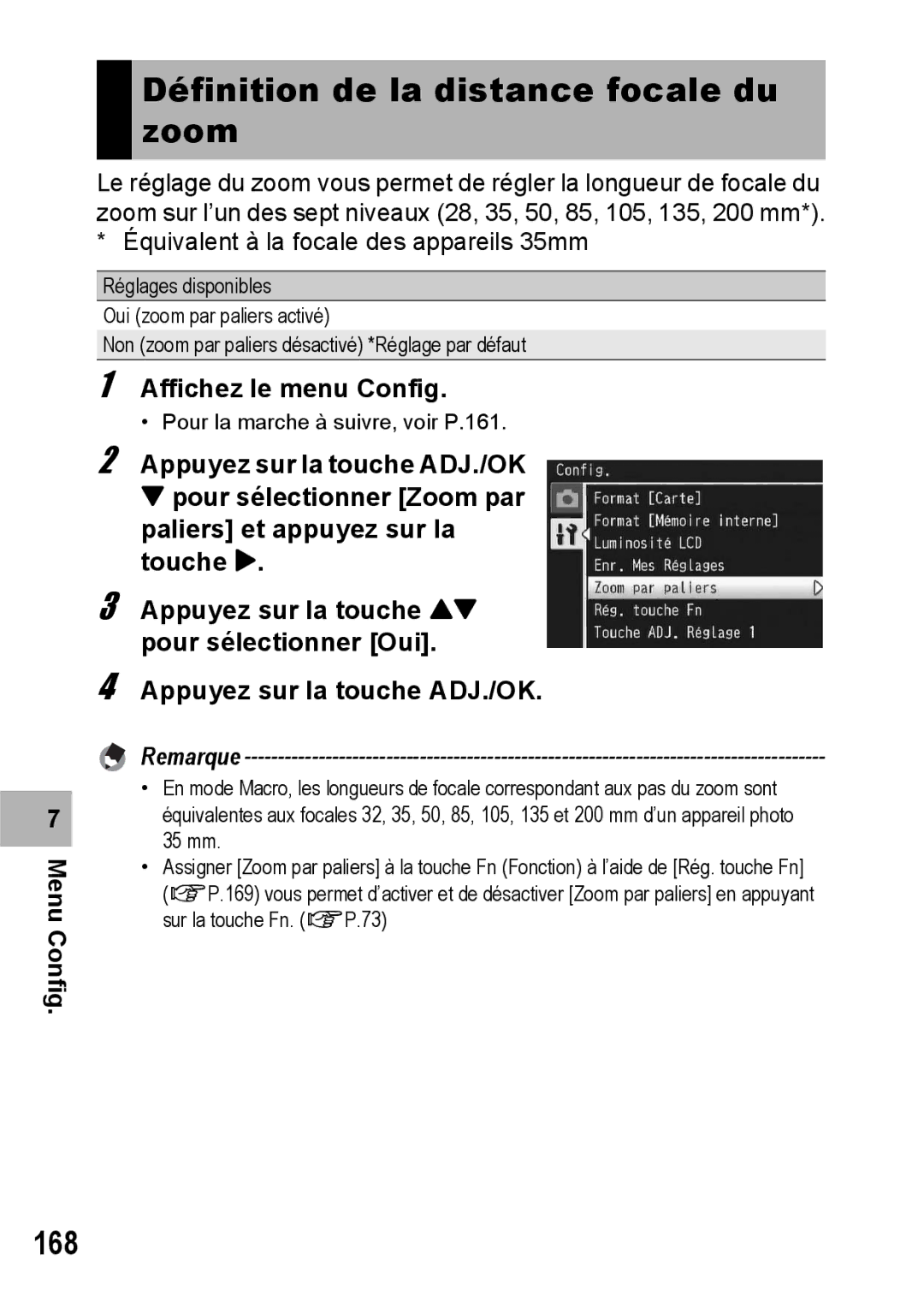 Ricoh CX1 manual Définition de la distance focale du zoom, 168 