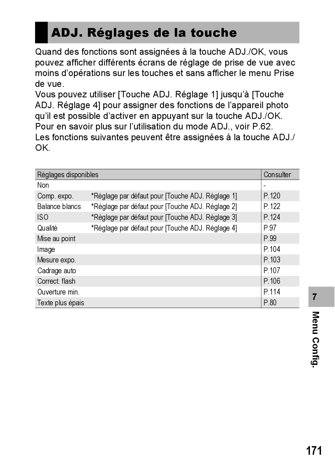 Ricoh CX1 manual ADJ. Réglages de la touche, 171 