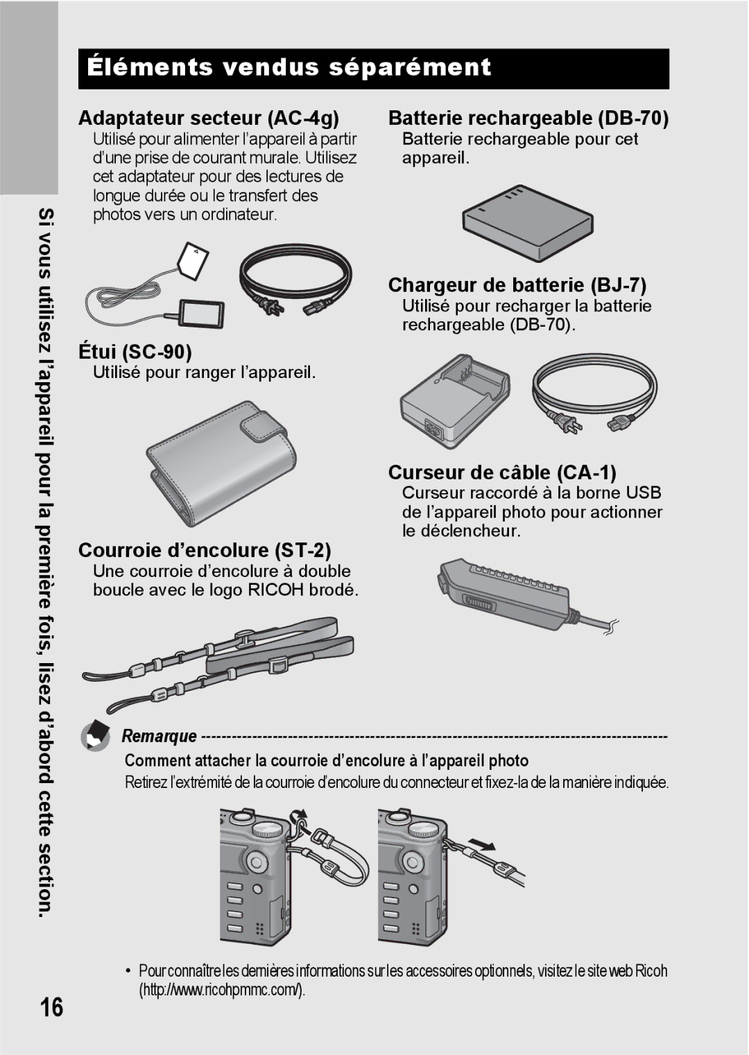 Ricoh CX1 manual Éléments vendus séparément 