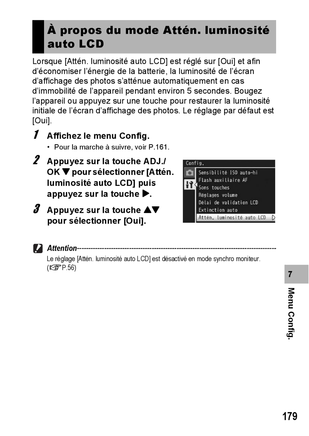 Ricoh CX1 manual Propos du mode Attén. luminosité auto LCD, 179 