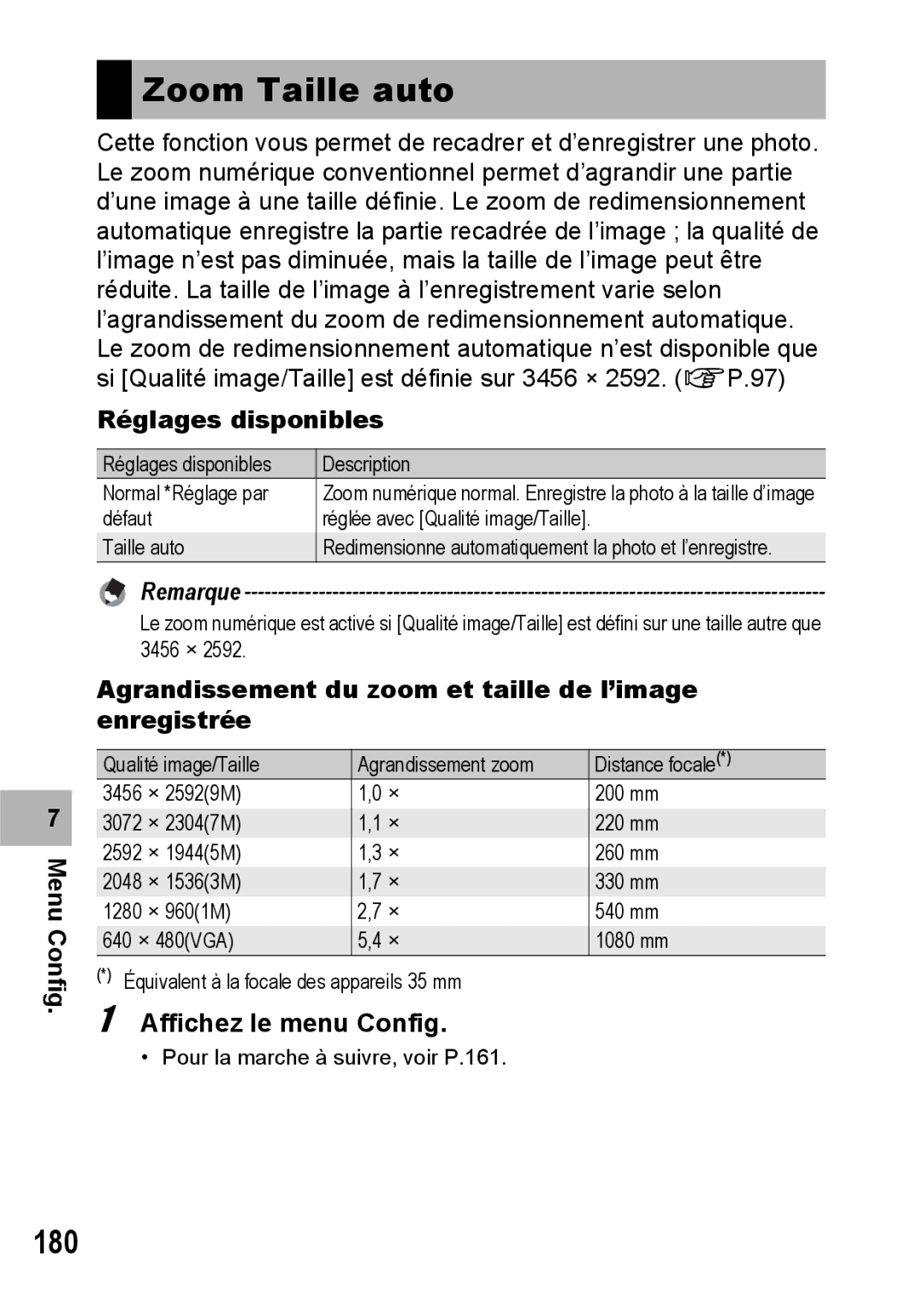 Ricoh CX1 manual Zoom Taille auto, 180, Réglages disponibles, Agrandissement du zoom et taille de l’image enregistrée 