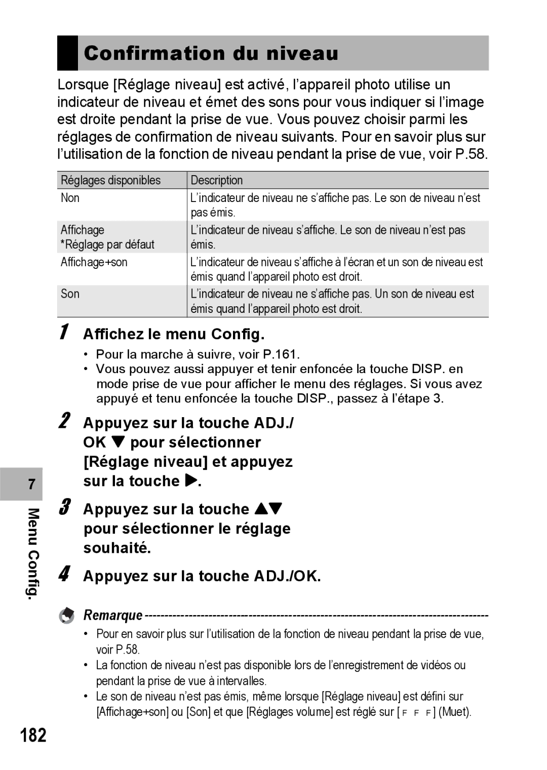 Ricoh CX1 manual Confirmation du niveau, 182 