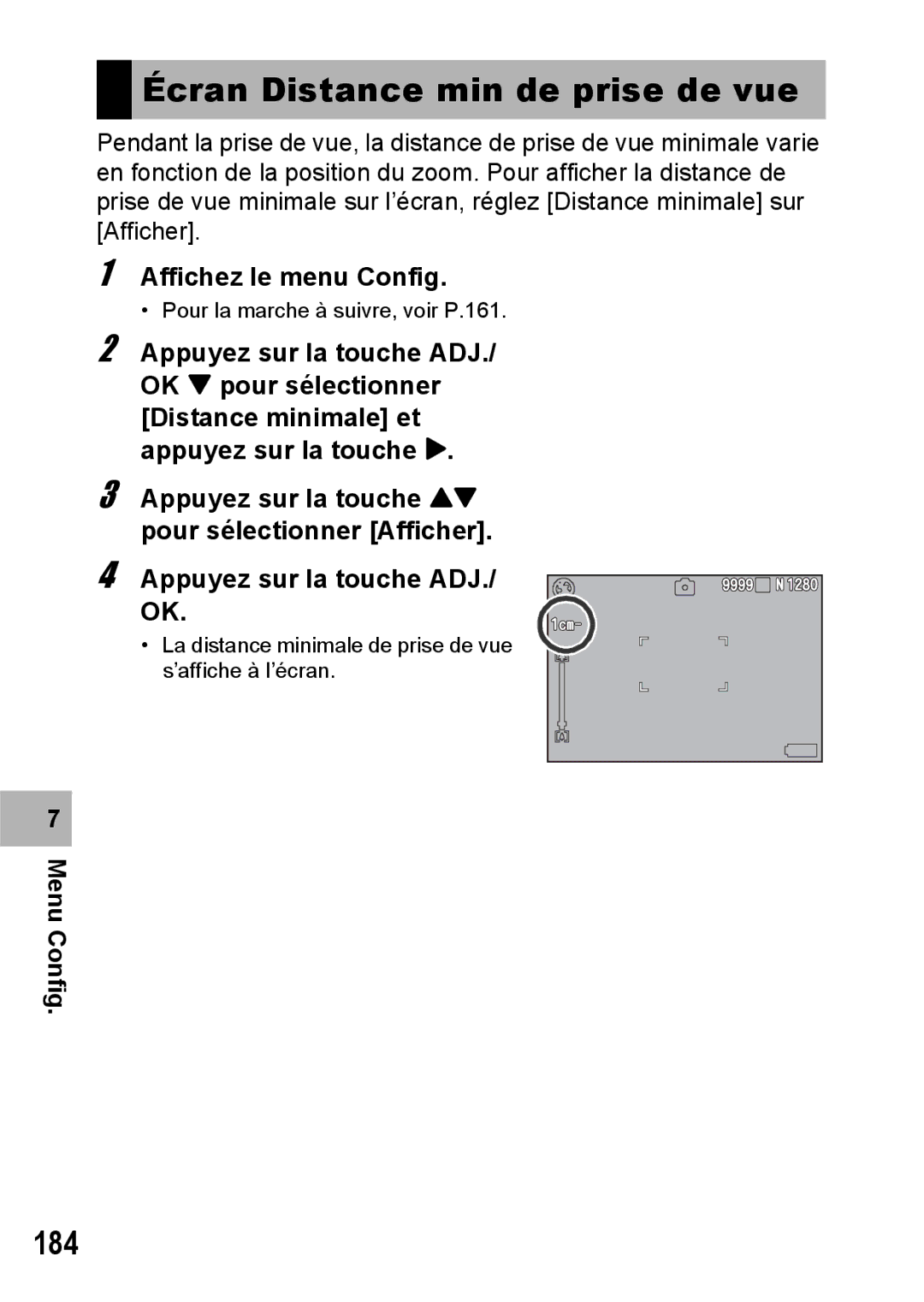 Ricoh CX1 manual Écran Distance min de prise de vue, 184 