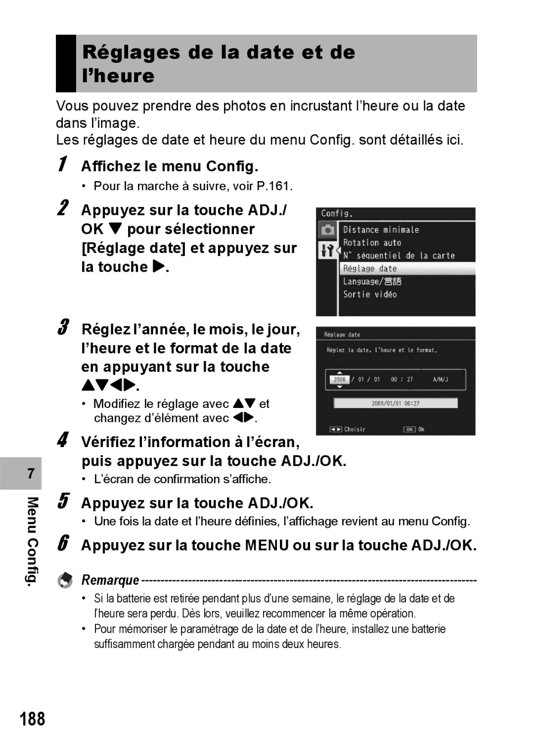 Ricoh CX1 manual Réglages de la date et de l’heure, 188 