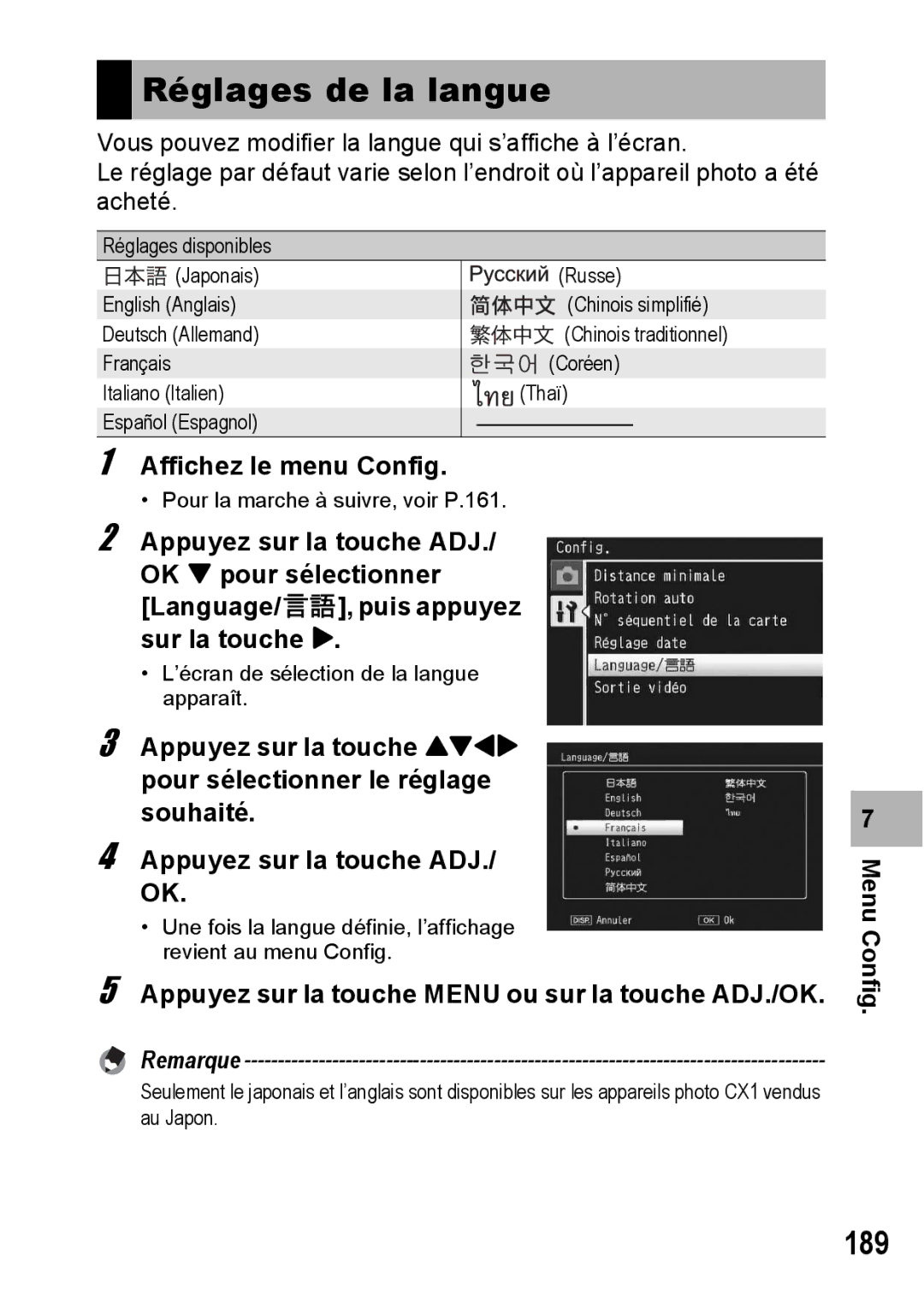 Ricoh CX1 manual Réglages de la langue, 189 