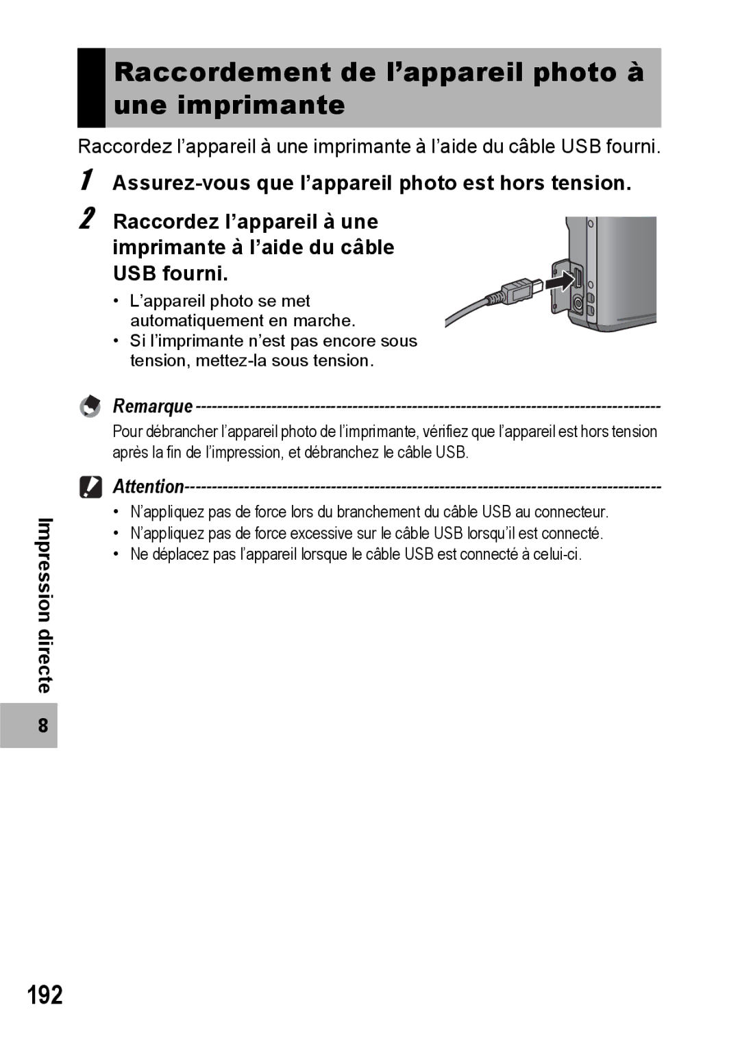 Ricoh CX1 manual Raccordement de l’appareil photo à une imprimante, 192 
