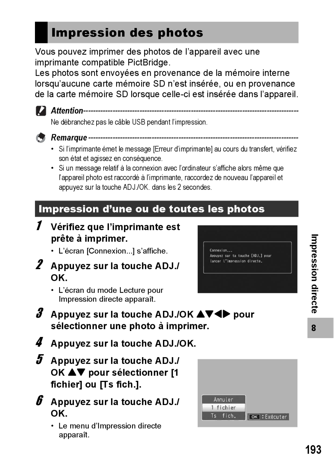 Ricoh CX1 manual Impression des photos, 193, Impression d’une ou de toutes les photos 