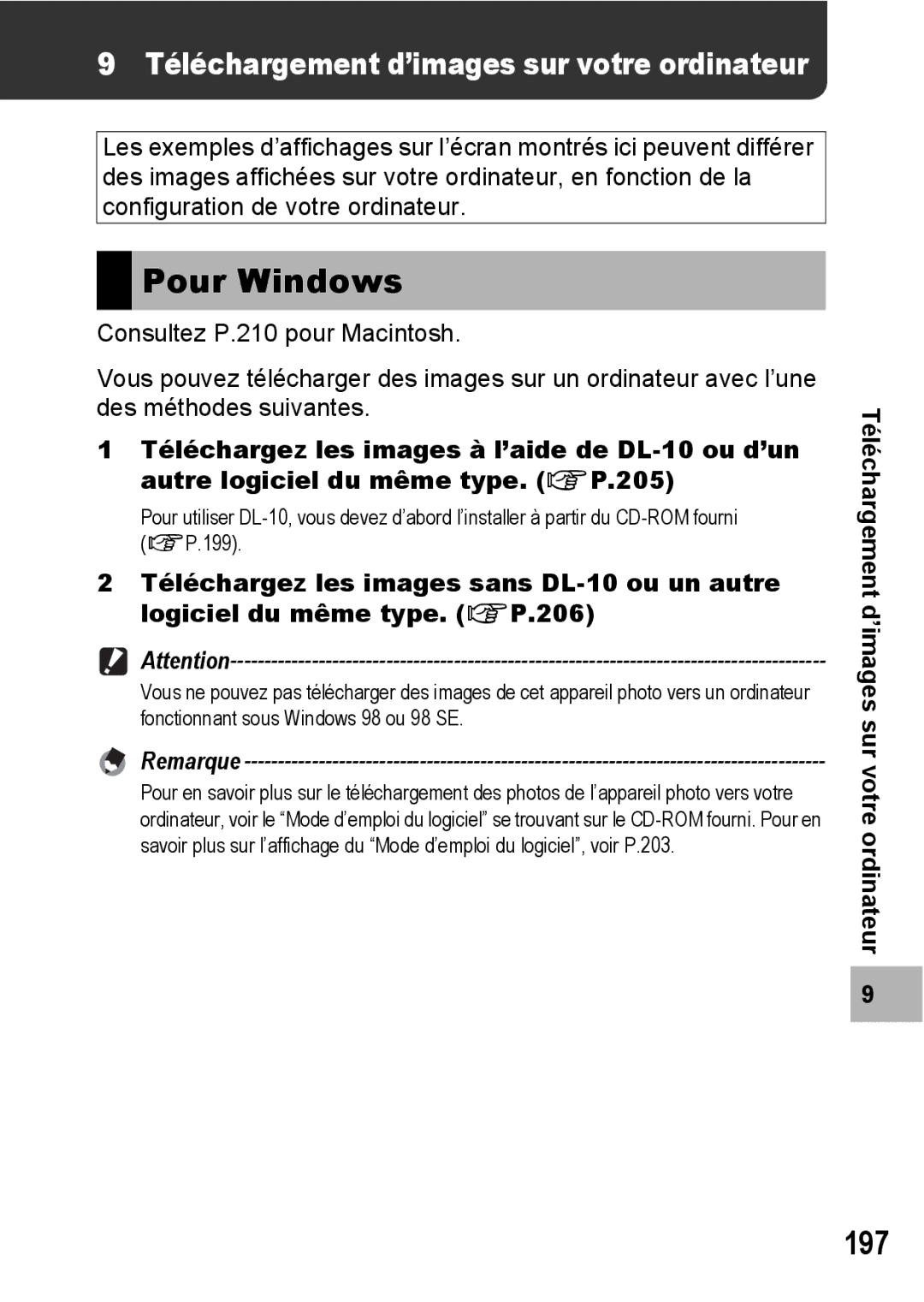 Ricoh CX1 manual Pour Windows, 197, Téléchargement d’images sur votre ordinateur 