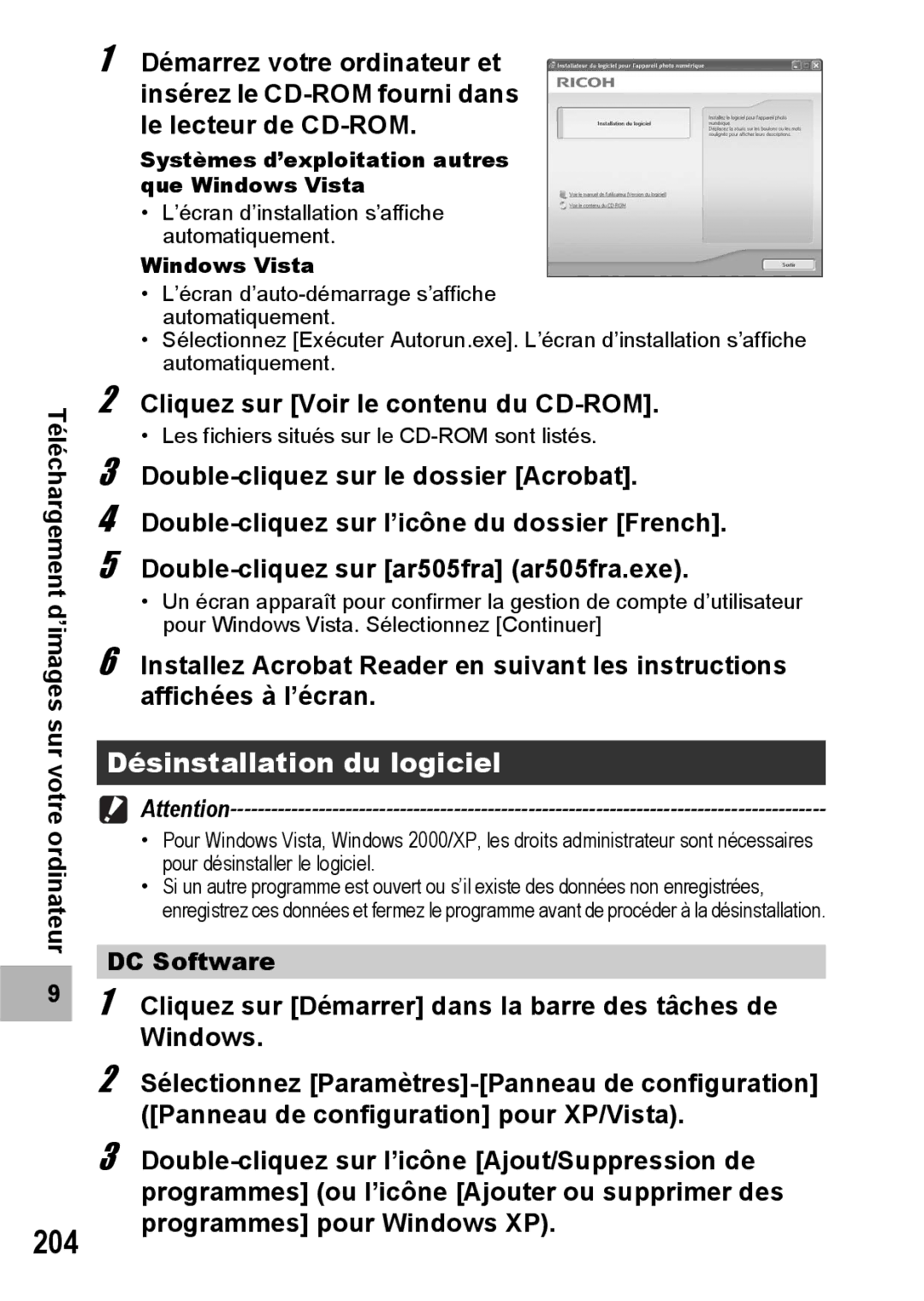 Ricoh CX1 manual Désinstallation du logiciel, Cliquez sur Voir le contenu du CD-ROM, Programmes pour Windows XP 