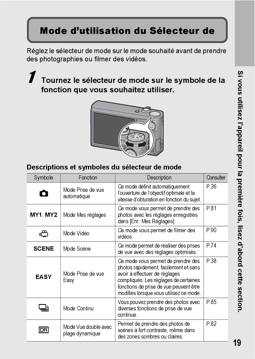 Ricoh CX1 manual Mode d’utilisation du Sélecteur de, Descriptions et symboles du sélecteur de mode 