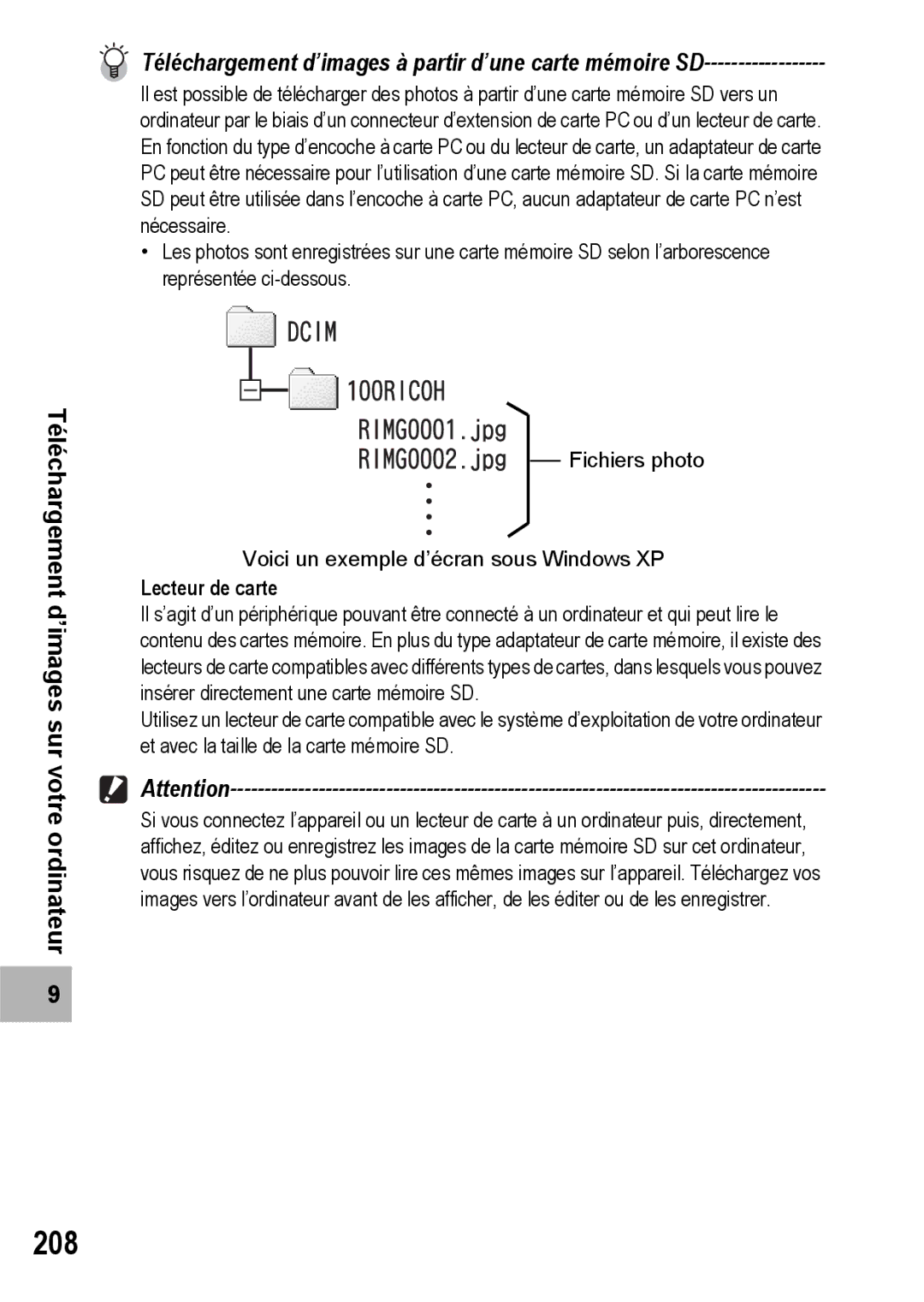 Ricoh CX1 manual 208, Téléchargement d’images à partir d’une carte mémoire SD 