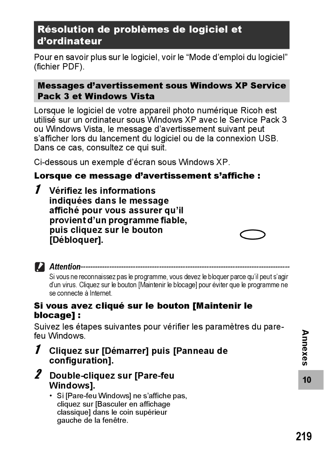 Ricoh CX1 219, Résolution de problèmes de logiciel et d’ordinateur, Si vous avez cliqué sur le bouton Maintenir le blocage 