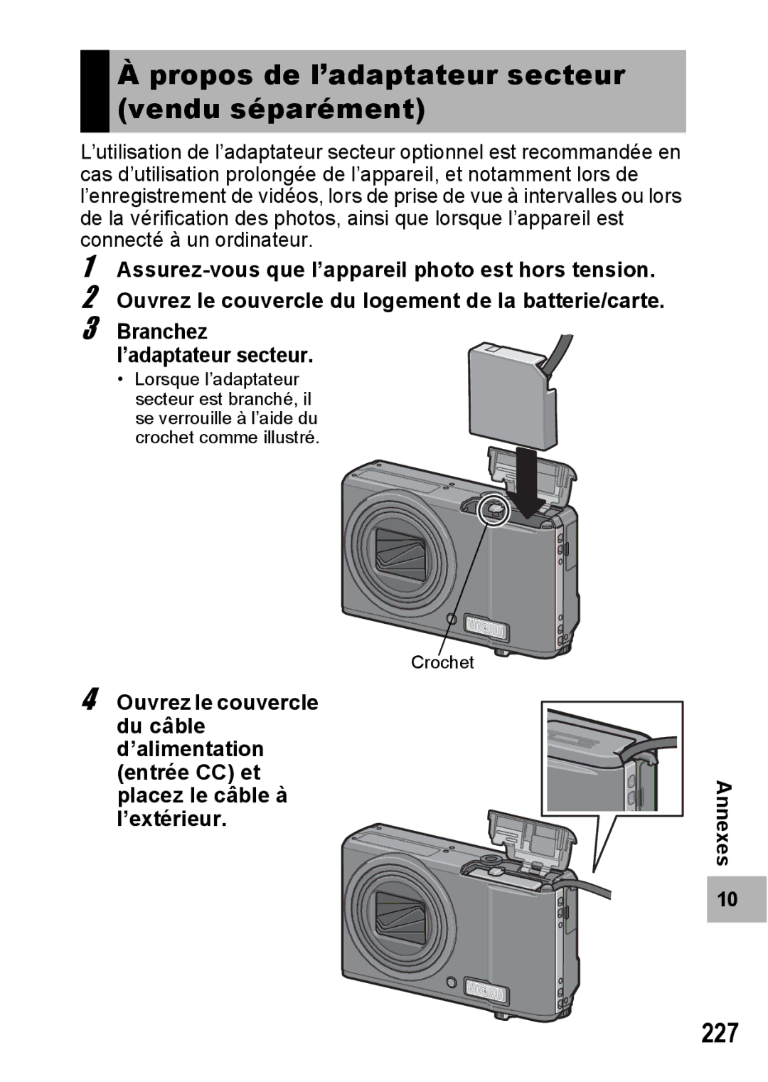 Ricoh CX1 manual Propos de l’adaptateur secteur vendu séparément, 227 