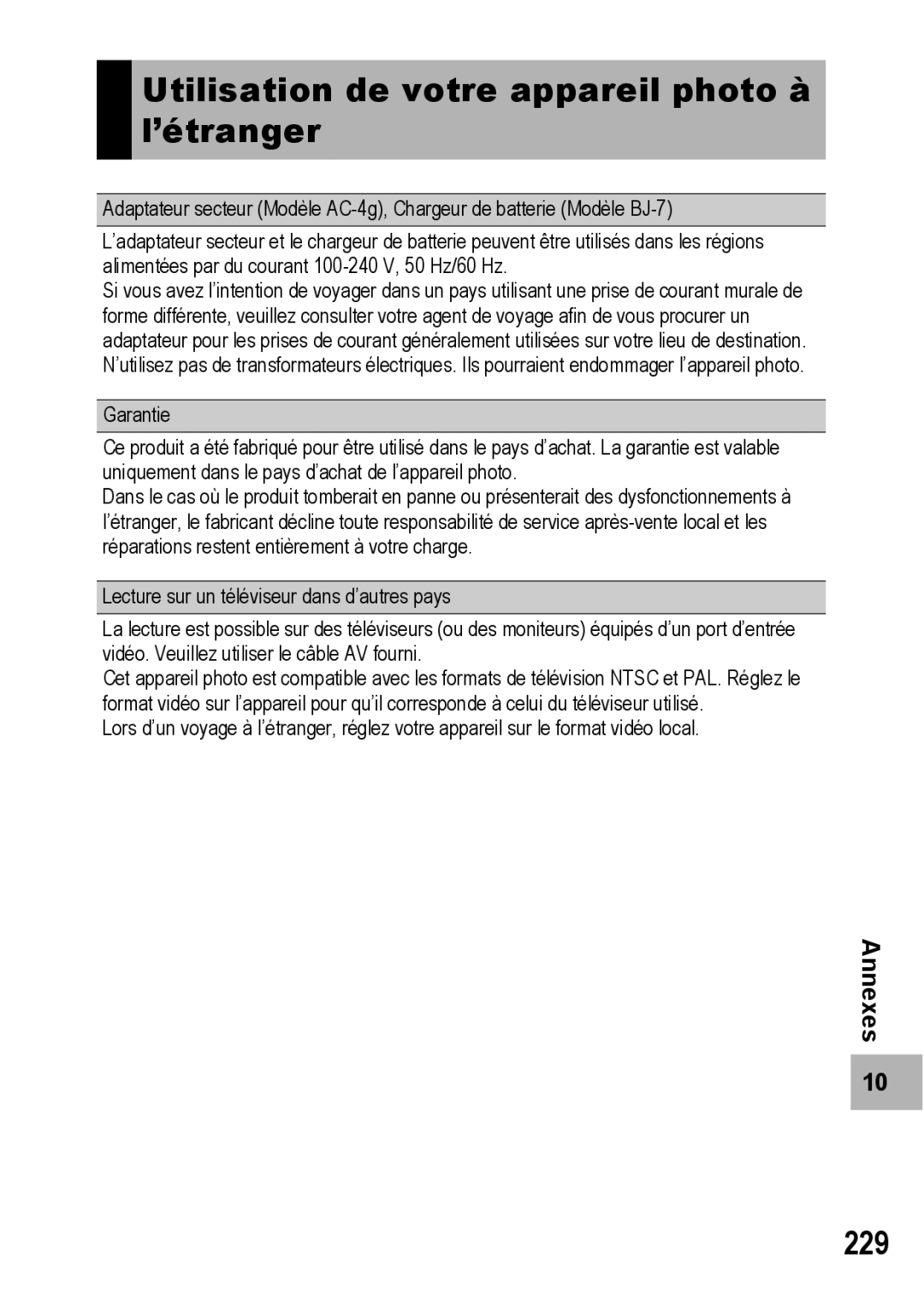 Ricoh CX1 manual Utilisation de votre appareil photo à l’étranger, 229 