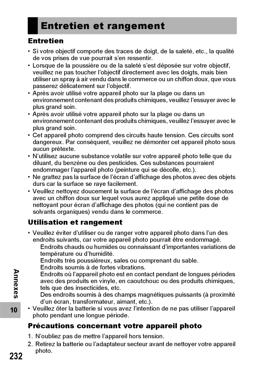 Ricoh CX1 manual Entretien et rangement, Utilisation et rangement, Précautions concernant votre appareil photo 