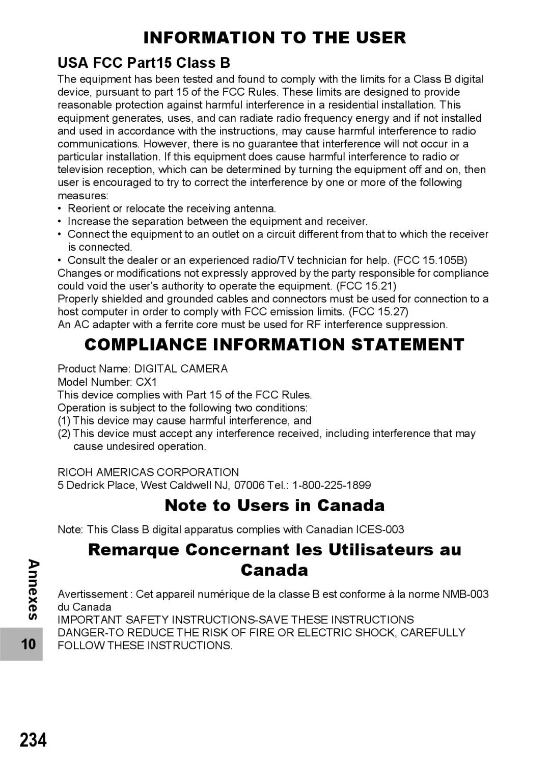 Ricoh CX1 manual 234, Remarque Concernant les Utilisateurs au Canada, USA FCC Part15 Class B 