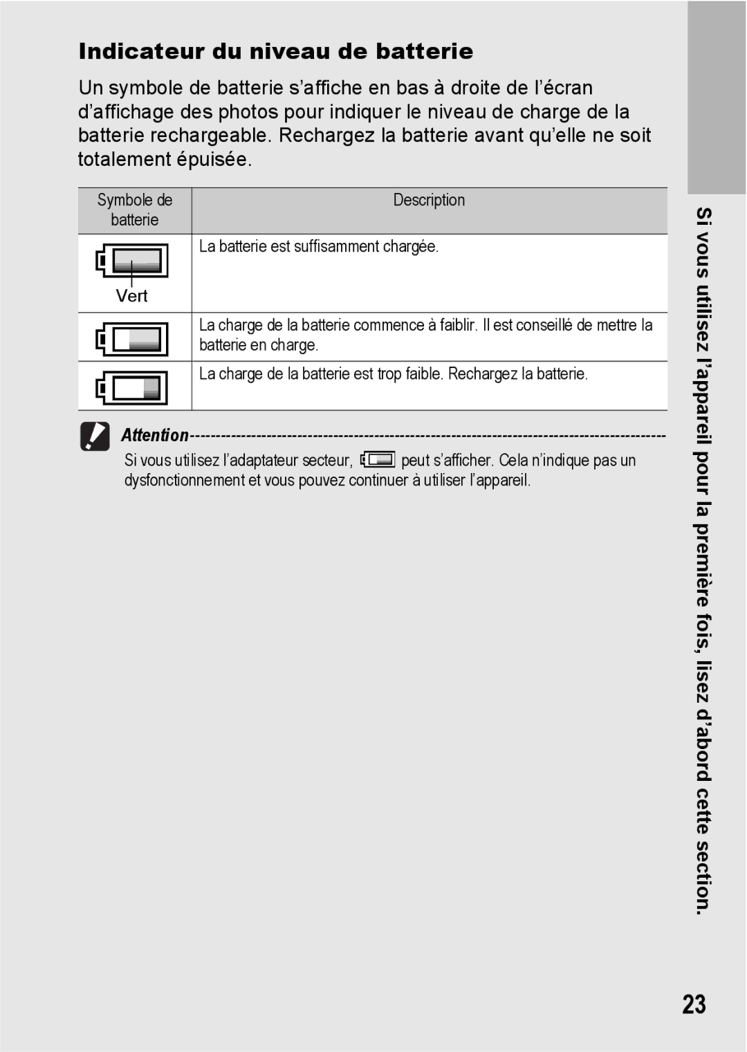 Ricoh CX1 manual Indicateur du niveau de batterie 