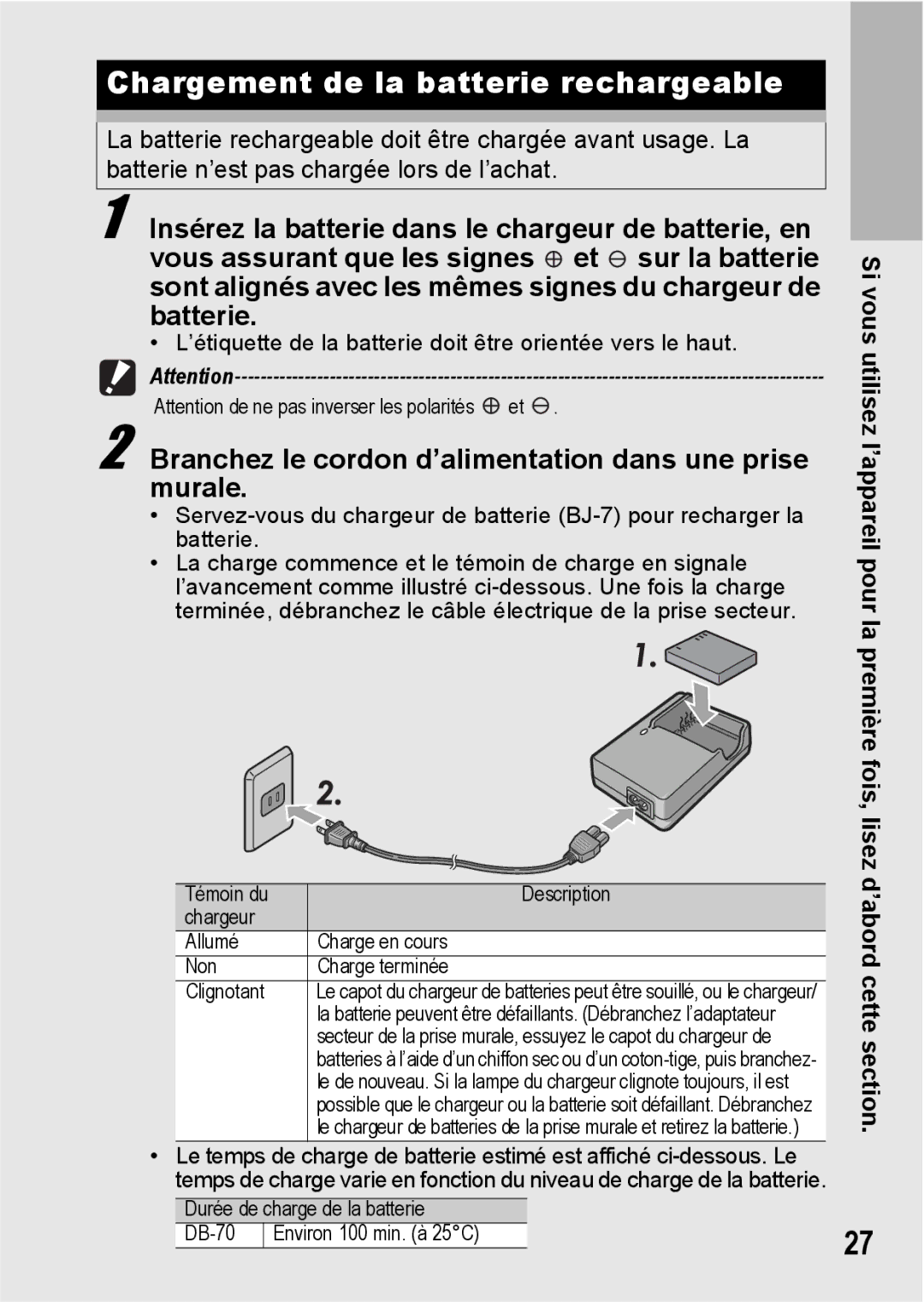 Ricoh CX1 manual Chargement de la batterie rechargeable, Murale 