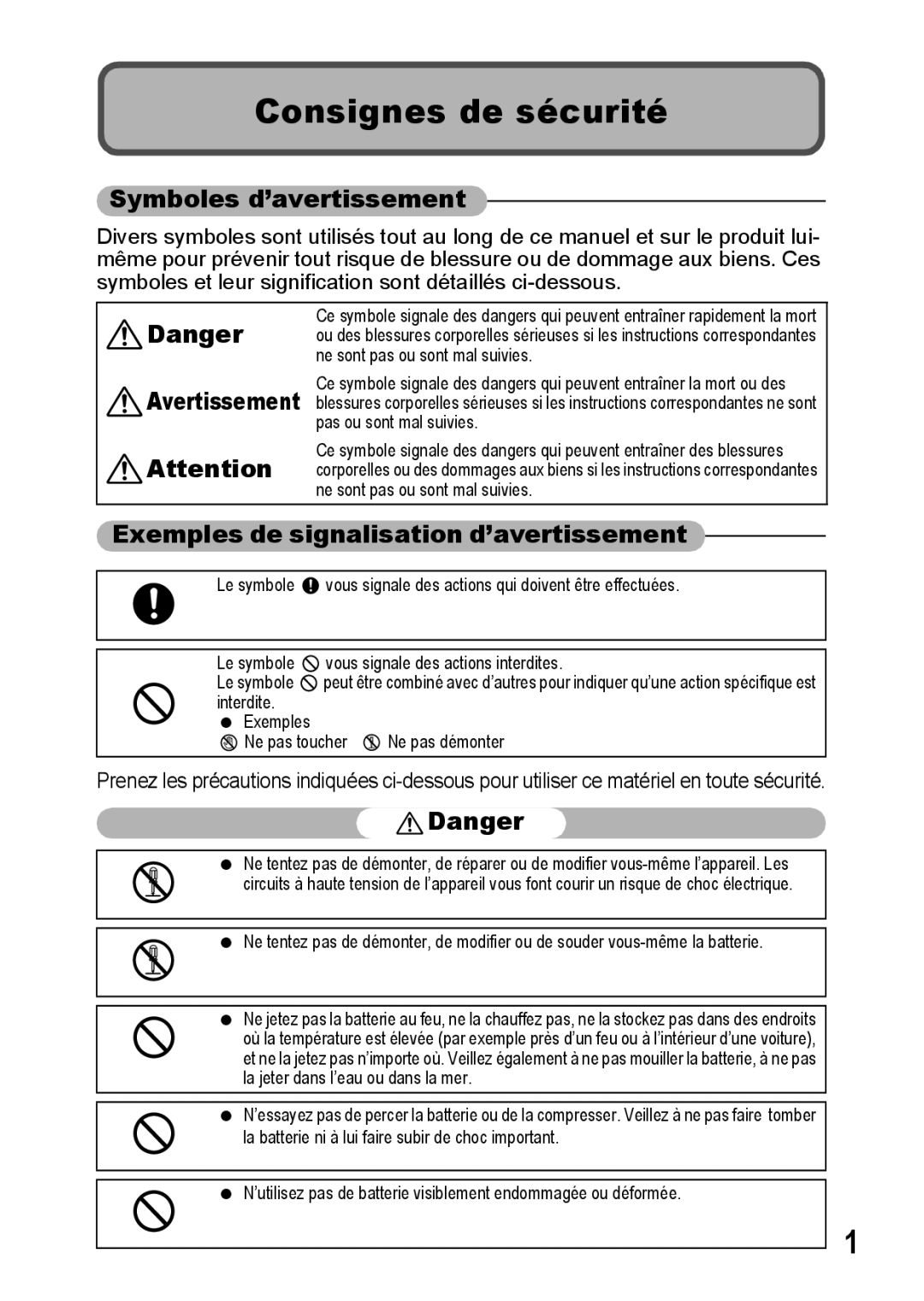 Ricoh CX1 manual Consignes de sécurité, Symboles d’avertissement, Exemples de signalisation d’avertissement 