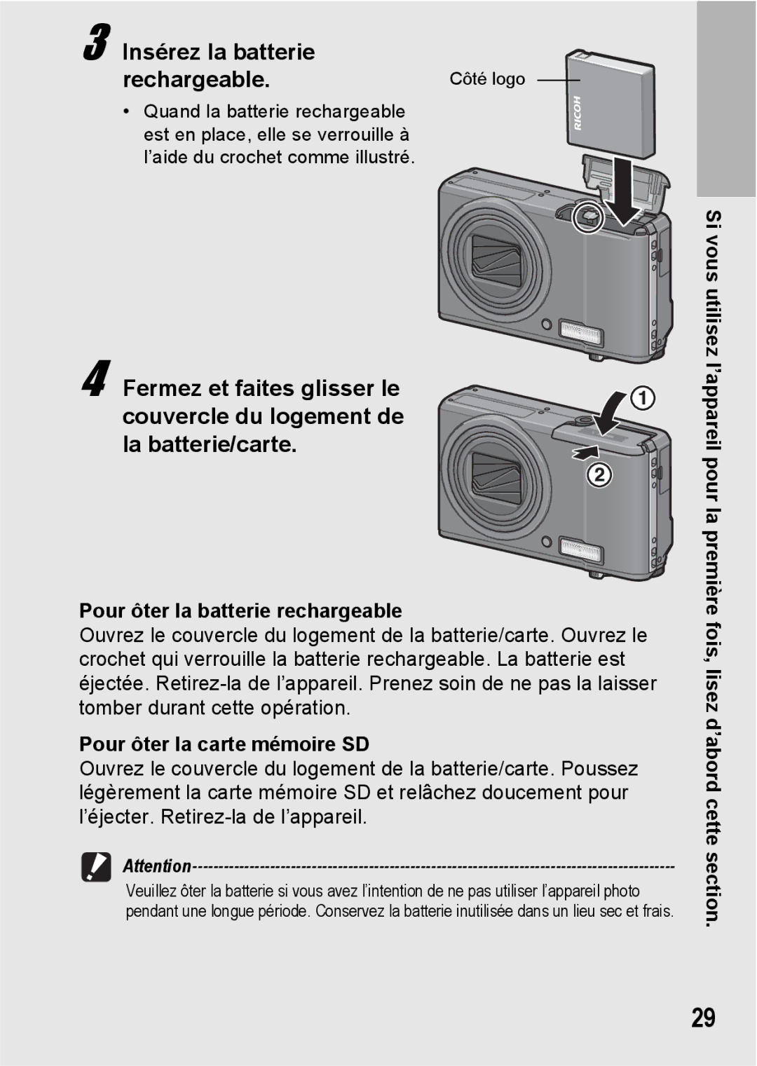 Ricoh CX1 manual Insérez la batterie, Rechargeable, Pour ôter la batterie rechargeable, Pour ôter la carte mémoire SD 