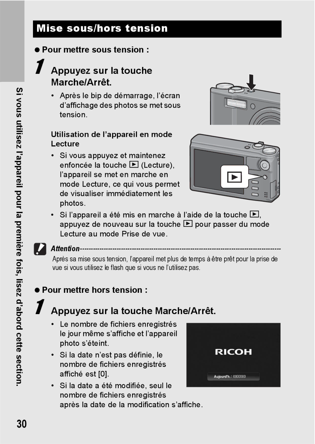 Ricoh CX1 Mise sous/hors tension, Appuyez sur la touche Marche/Arrêt, Pour mettre sous tension, Pour mettre hors tension 