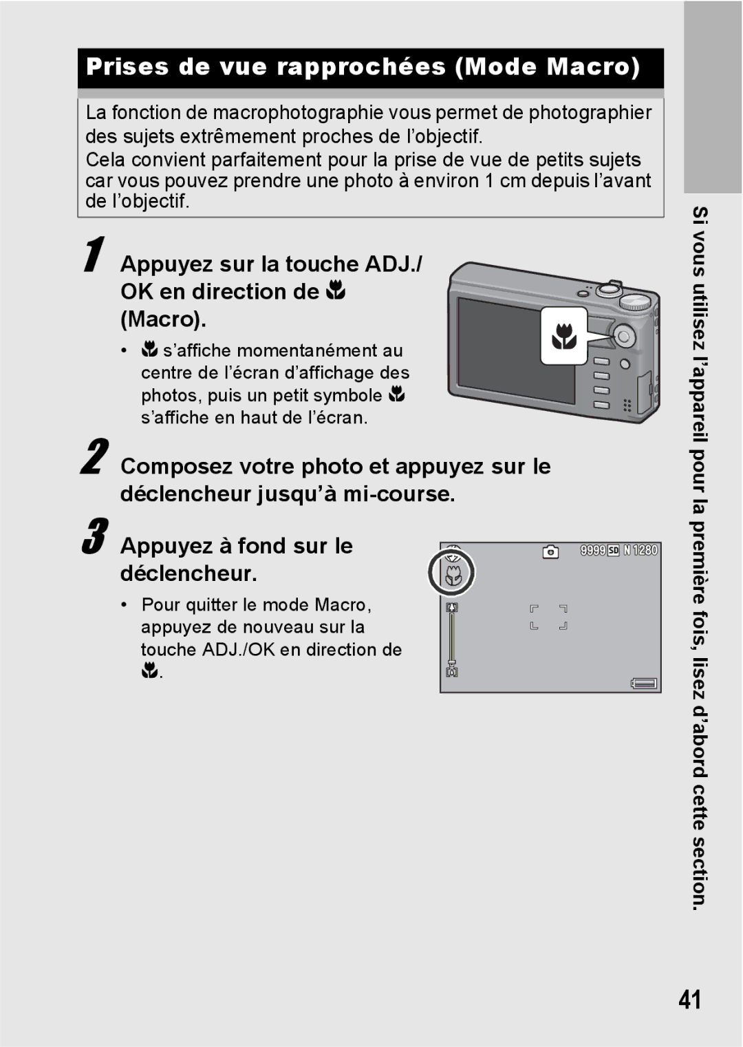 Ricoh CX1 manual Prises de vue rapprochées Mode Macro, Appuyez sur la touche ADJ./ OK en direction de N Macro 