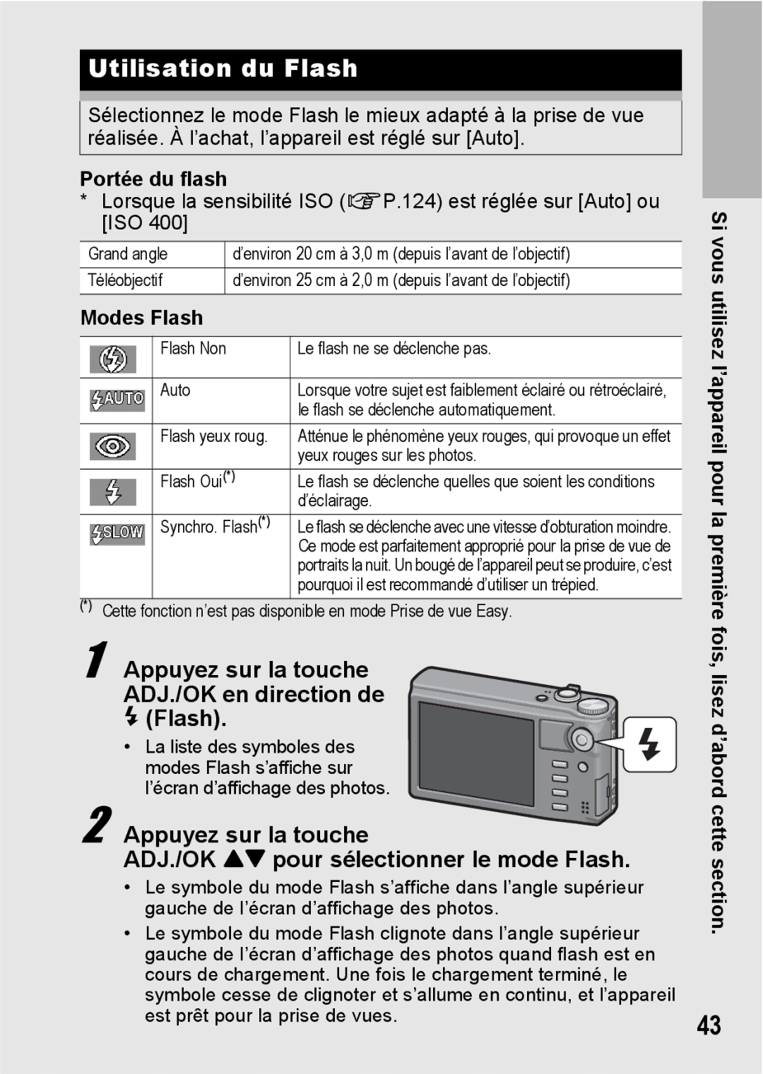 Ricoh CX1 manual Utilisation du Flash, Appuyez sur la touche ADJ./OK en direction de F Flash, Portée du flashG, Modes Flash 