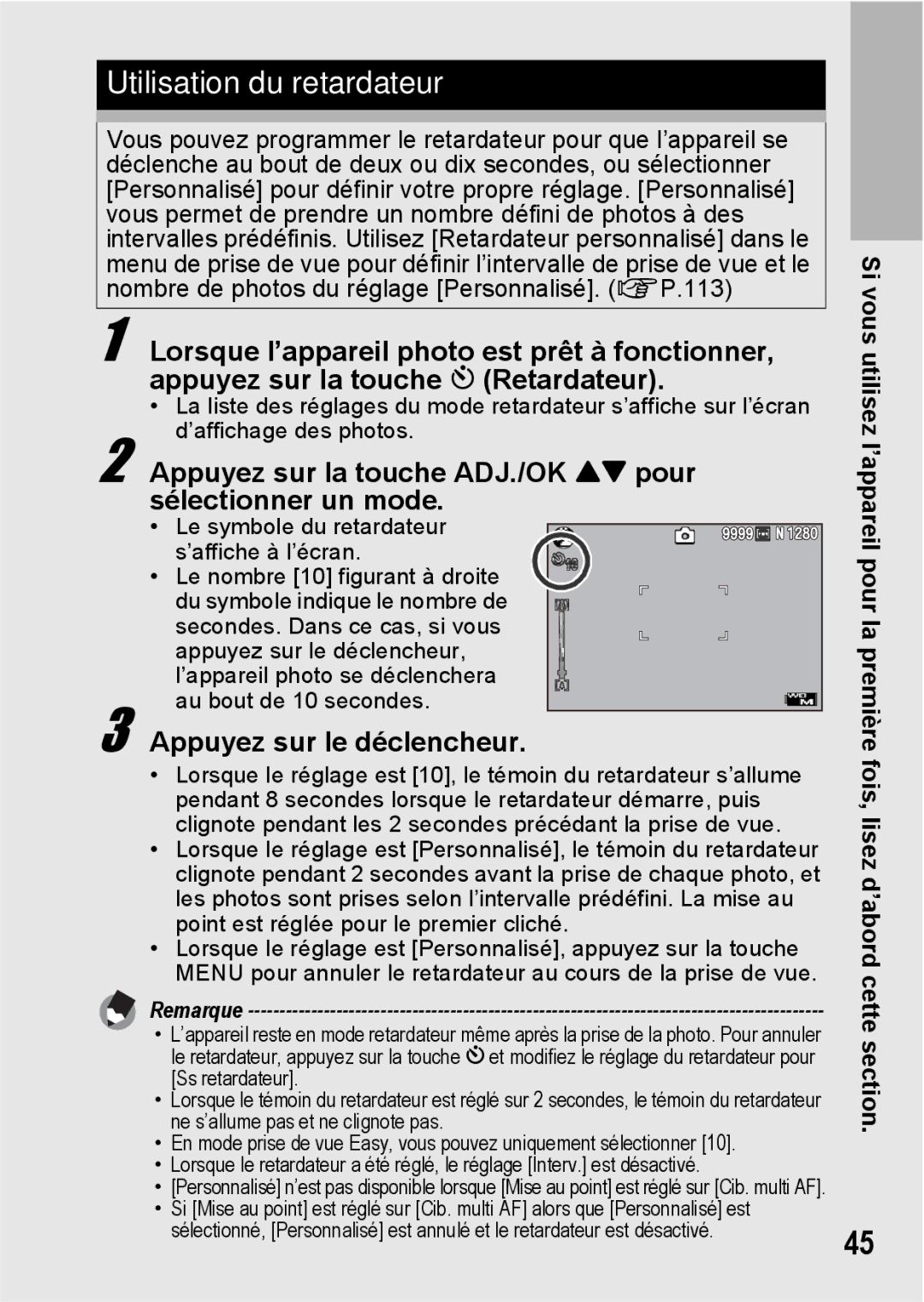 Ricoh CX1 manual Utilisation du retardateur, Appuyez sur la touche ADJ./OK ! pour sélectionner un mode 