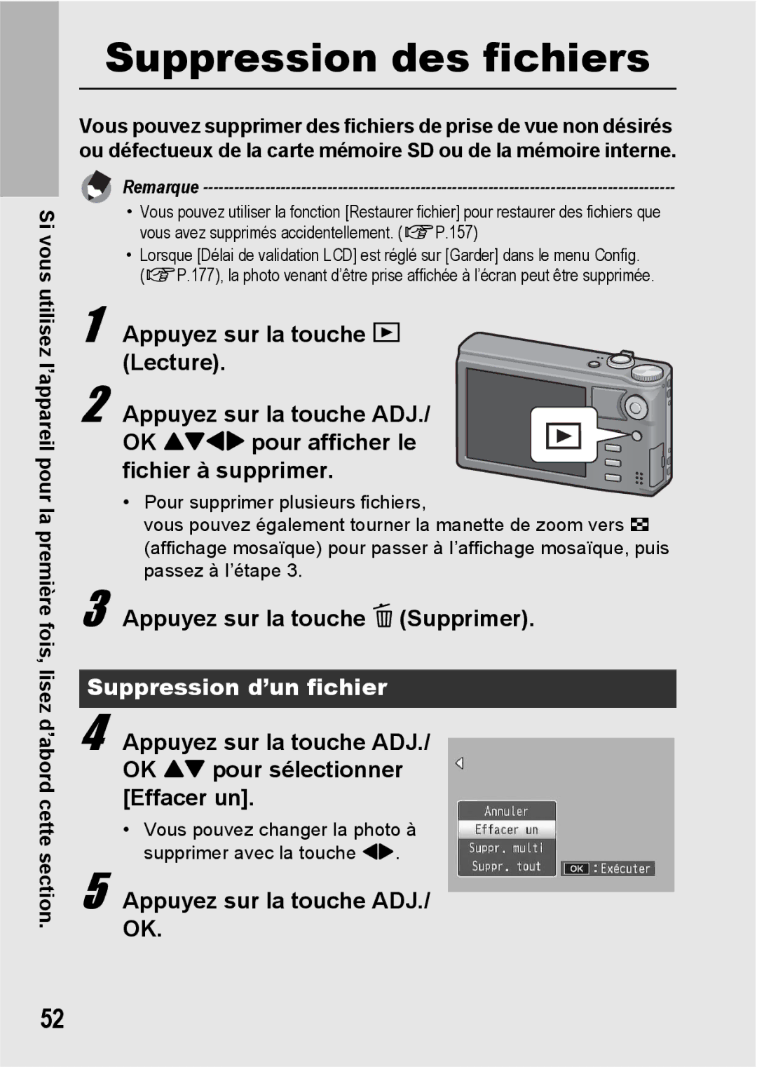 Ricoh CX1 manual Appuyez sur la touche D Supprimer, Suppression d’un fichier, Appuyez sur la touche ADJ 