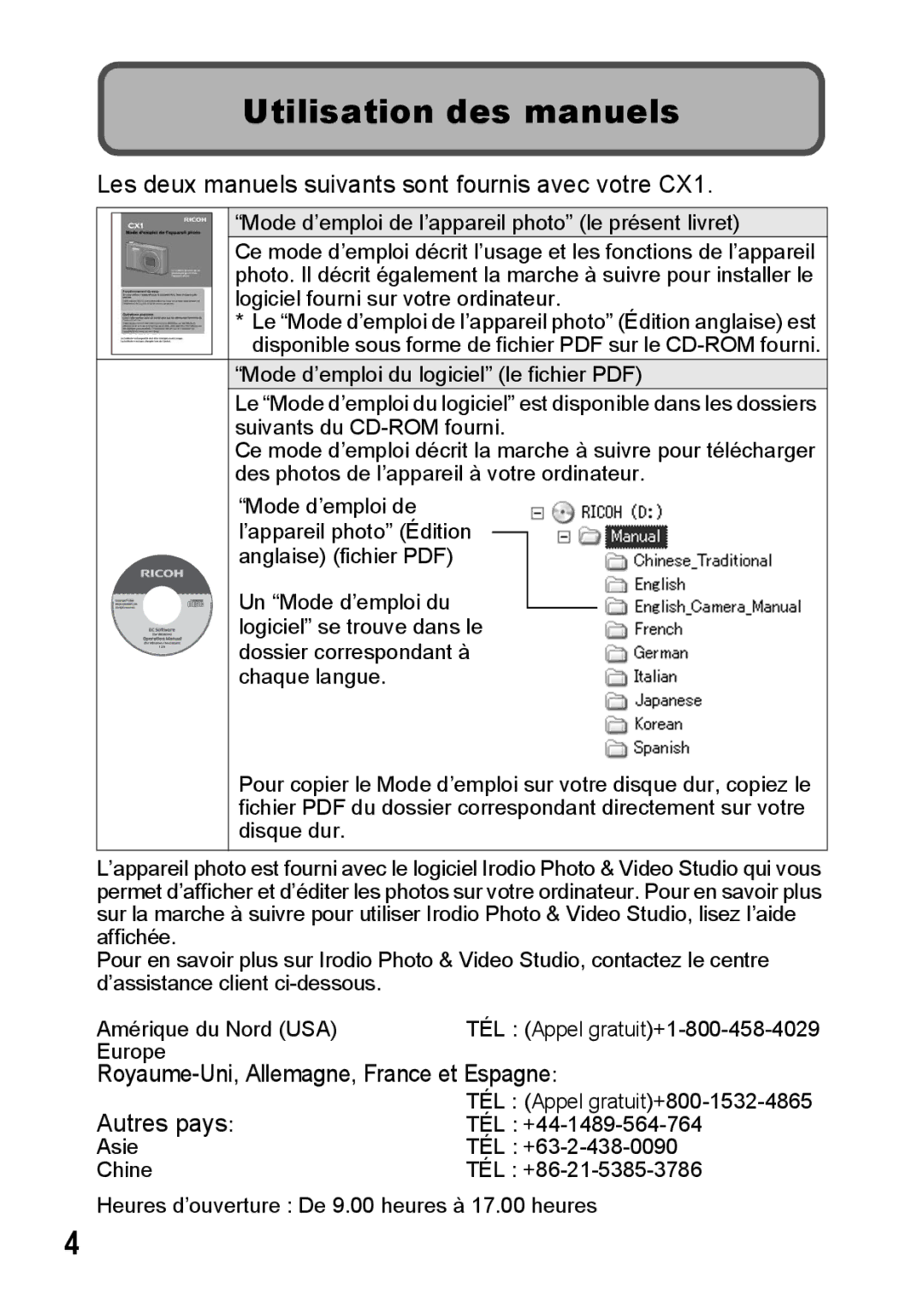 Ricoh manual Utilisation des manuels, Les deux manuels suivants sont fournis avec votre CX1 